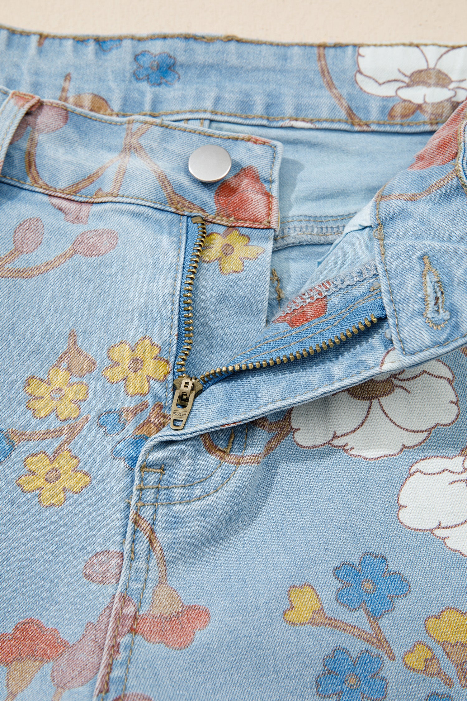Sky Blue Floral Printed Raw Hem Shift Jeans-Bottoms/Jeans-[Adult]-[Female]-2022 Online Blue Zone Planet