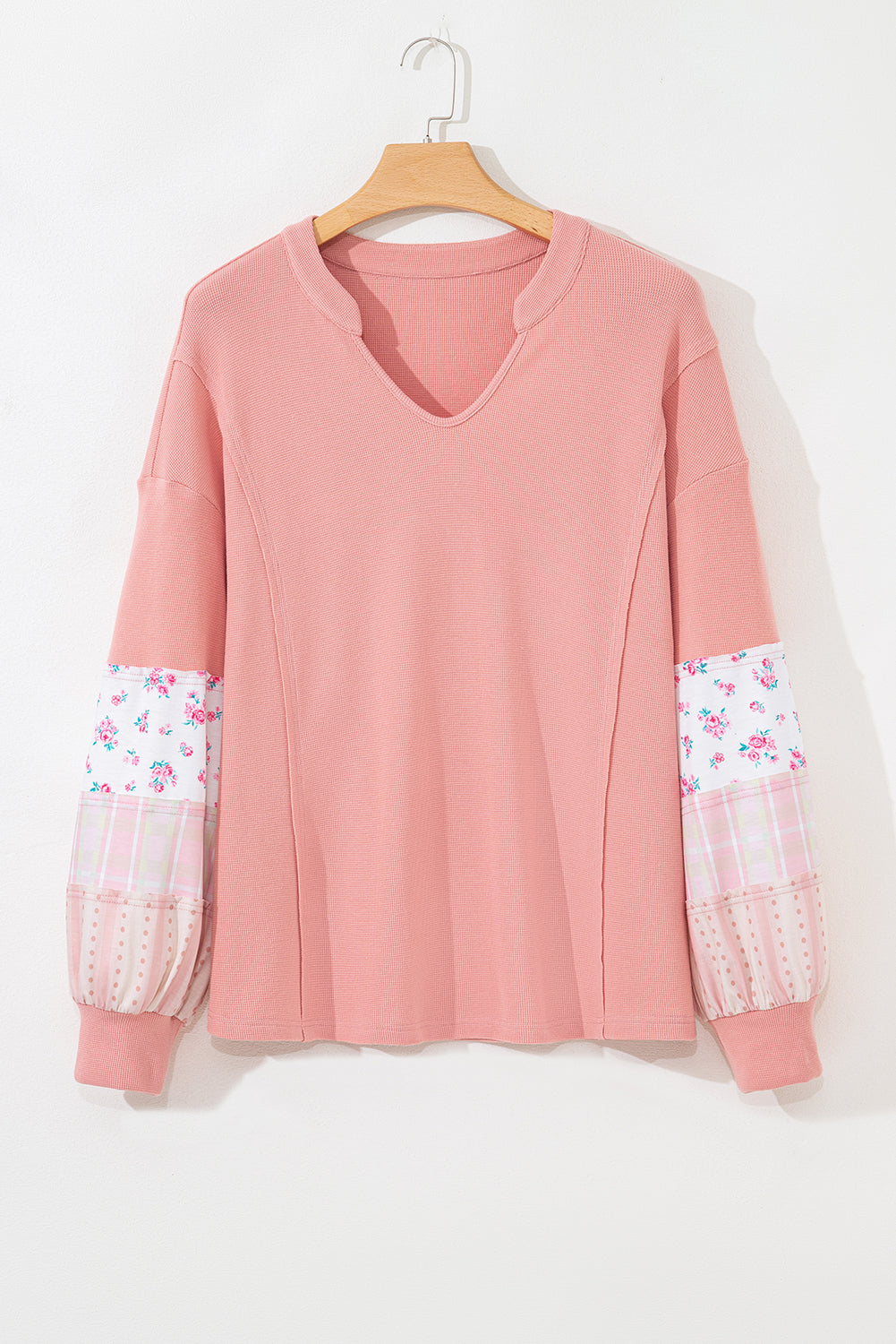 Pink Floral Sleeve Patchwork Waffle Knit Notched V Neck Plus Size Top-Plus Size/Plus Size Tops/Plus Size Long Sleeve Tops-[Adult]-[Female]-2022 Online Blue Zone Planet