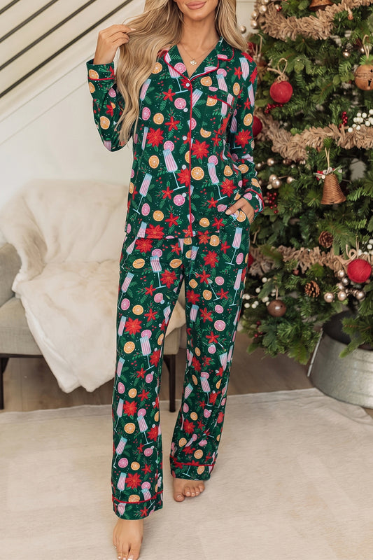 Green Holiday Print Pocket Detail Long Sleeve Collar Lounge Set-Loungewear & Sleepwear/Loungewear-[Adult]-[Female]-Green-S-2022 Online Blue Zone Planet