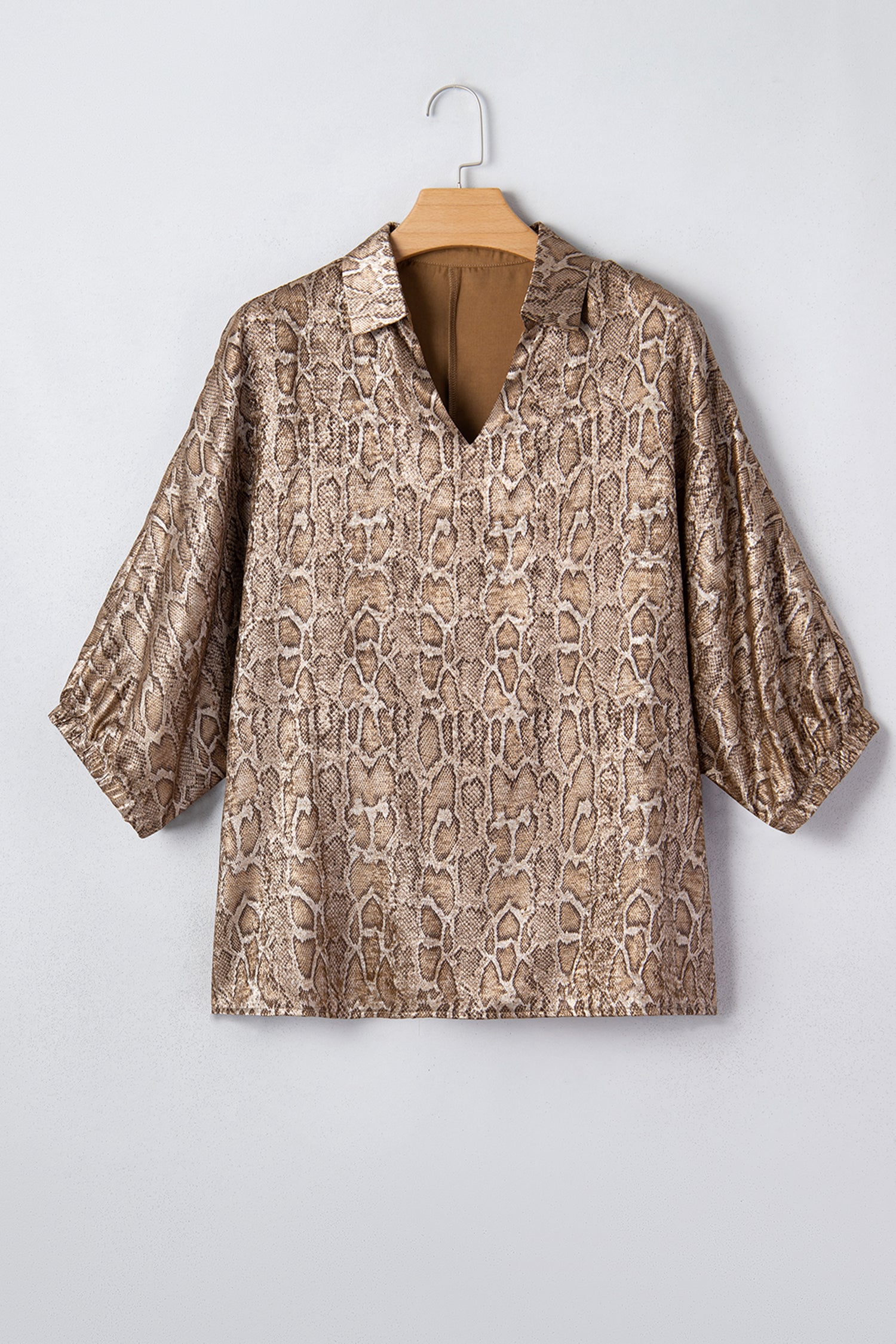 Brown Polo Collared V Neck Short Sleeve Metallic Leopard Blouse-Tops/Blouses & Shirts-[Adult]-[Female]-2022 Online Blue Zone Planet