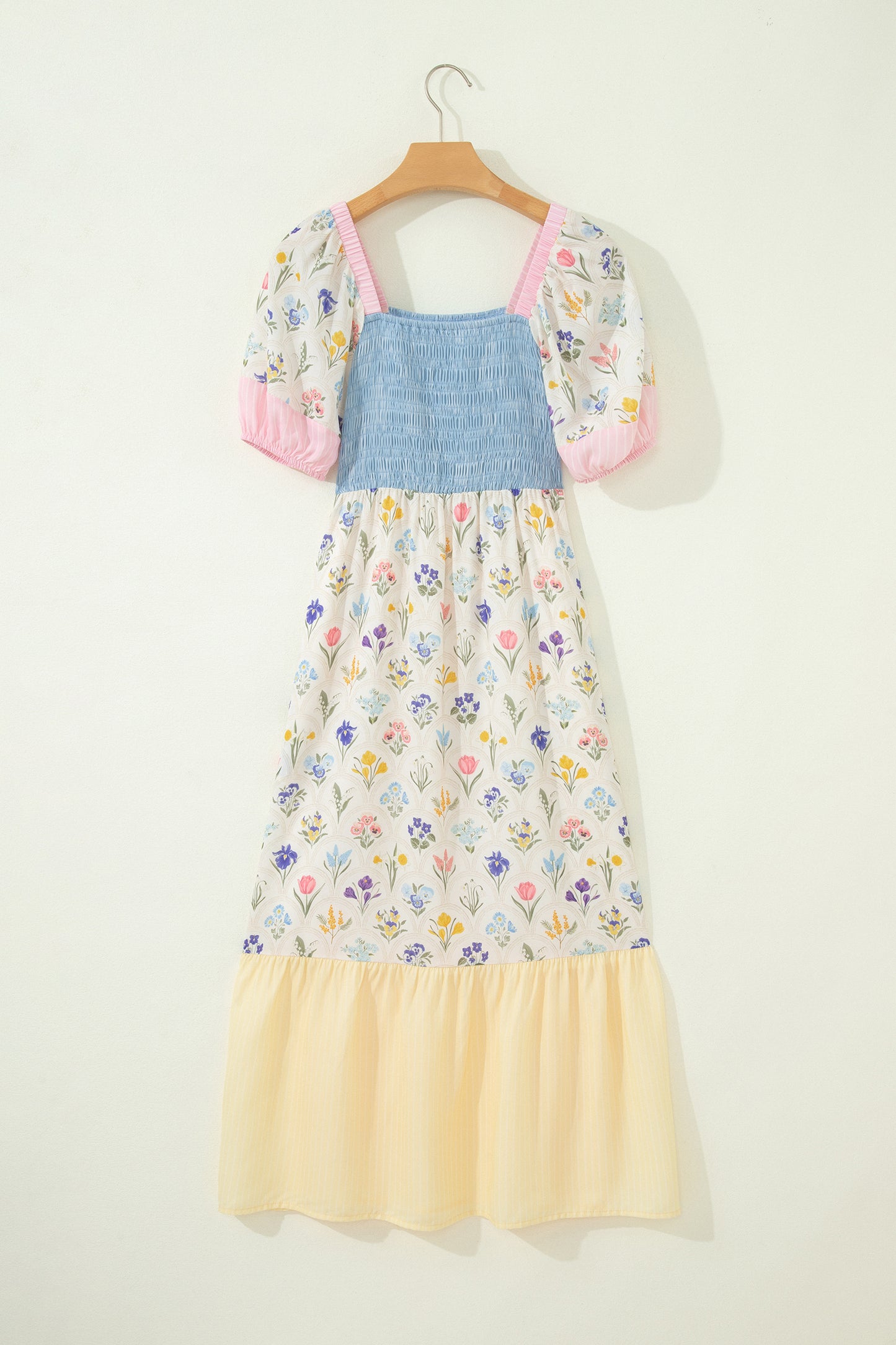Multicolour Floral Print Striped Color Block Patchwork Square Neck Shirred Long Dress-TOPS / DRESSES-[Adult]-[Female]-2022 Online Blue Zone Planet