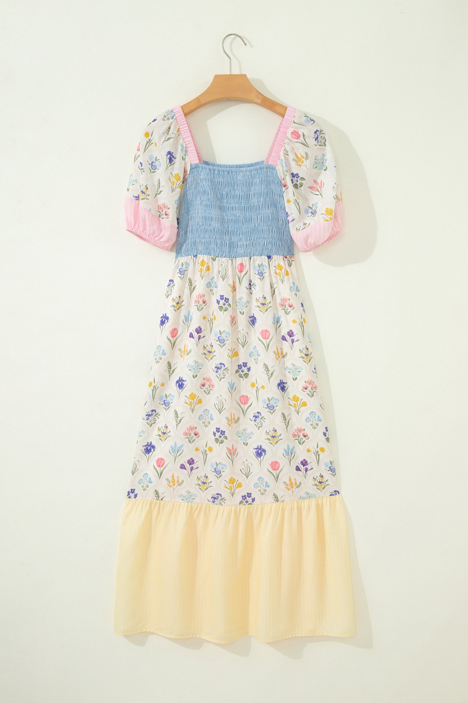 Multicolour Floral Print Striped Color Block Patchwork Square Neck Shirred Long Dress-TOPS / DRESSES-[Adult]-[Female]-2022 Online Blue Zone Planet