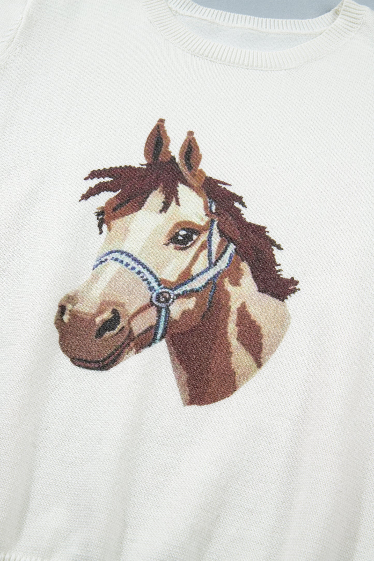 White Wild West Horse Head Printed Short Sleeve Sweater-TOPS / DRESSES-[Adult]-[Female]-2022 Online Blue Zone Planet