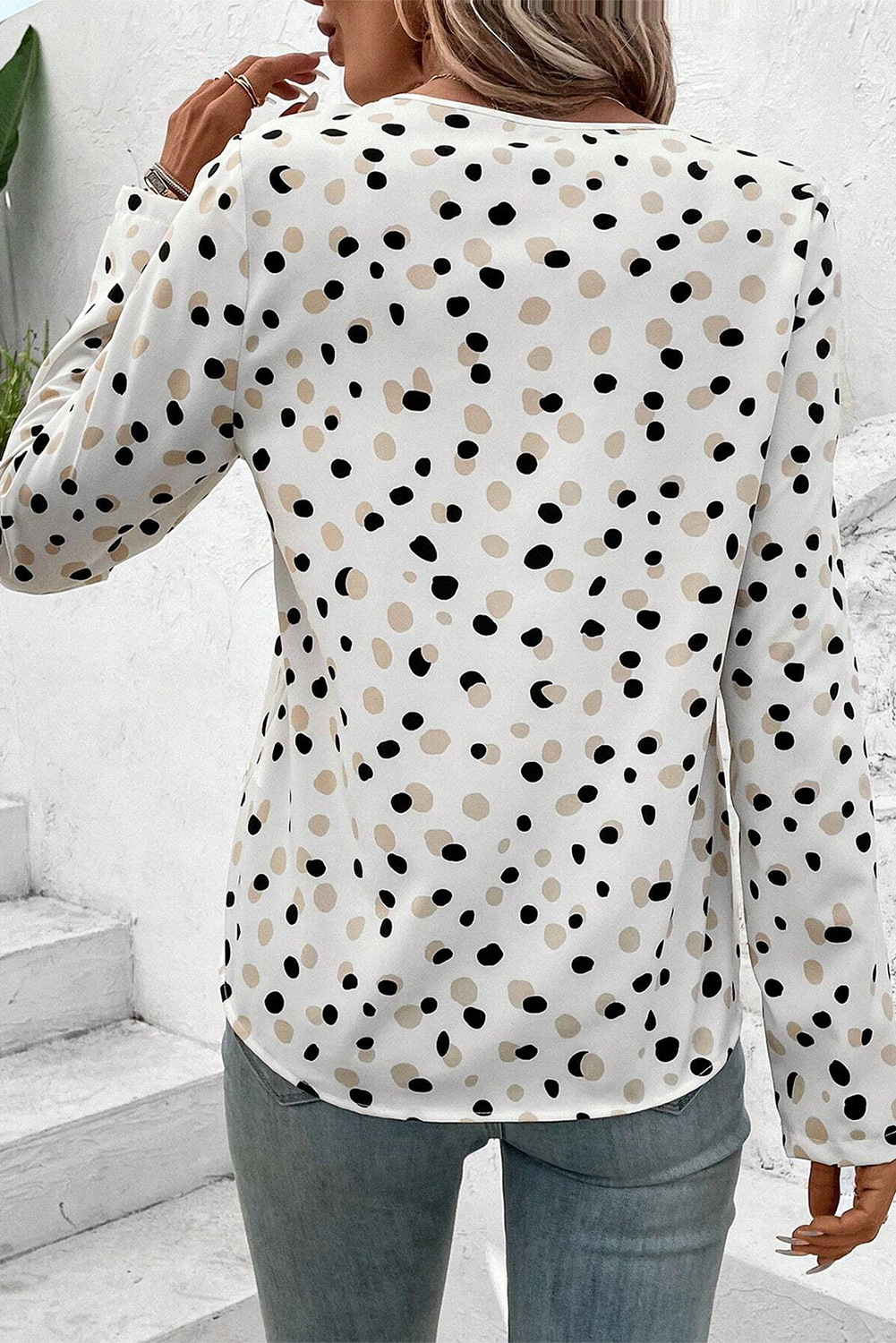 White Polka Dot Print Button Front V Neck Blouse-Tops/Blouses & Shirts-[Adult]-[Female]-2022 Online Blue Zone Planet