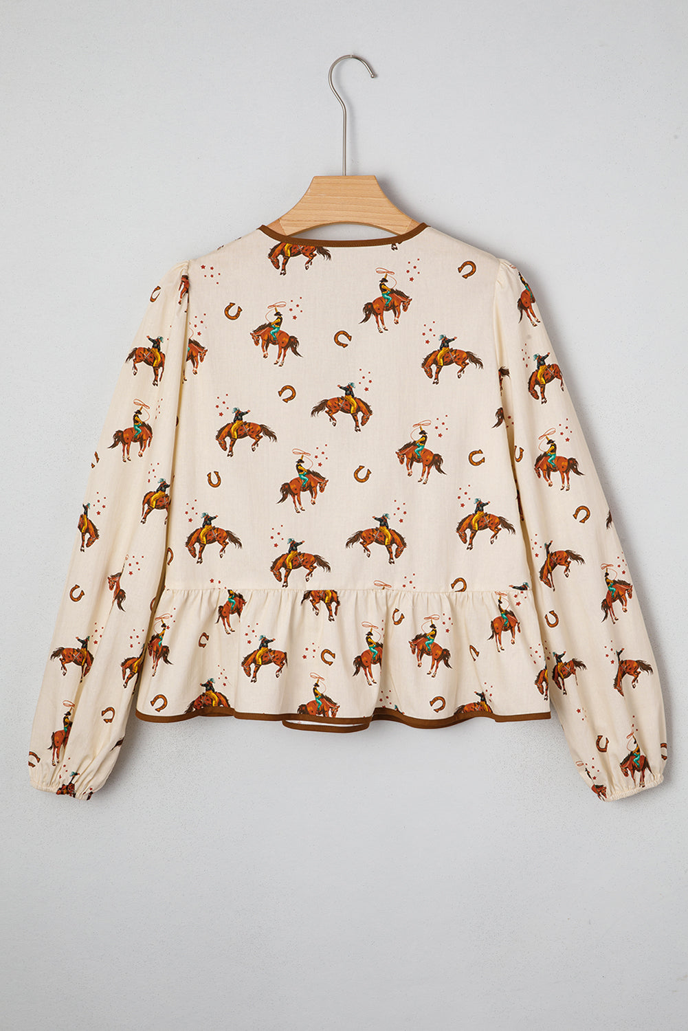 Apricot Western Rodeo Print Tied Front Puff Sleeve Peplum Top-Tops/Blouses & Shirts-[Adult]-[Female]-2022 Online Blue Zone Planet