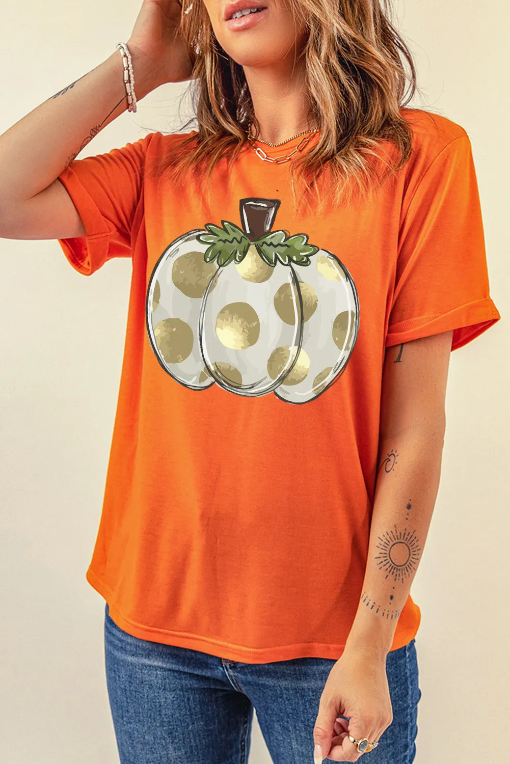 Pumpkin Graphic Round Neck Short Sleeve T-Shirt-TOPS / DRESSES-[Adult]-[Female]-2022 Online Blue Zone Planet