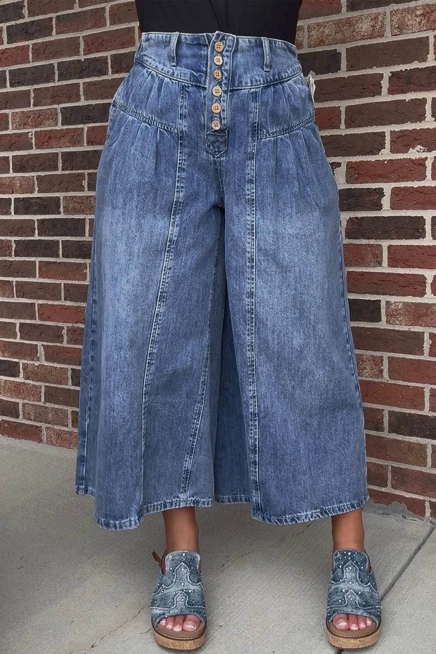 Dusk Blue High Rise Buttons Pleated Cropped Wide Leg Denim Pants-Bottoms/Jeans-[Adult]-[Female]-2022 Online Blue Zone Planet