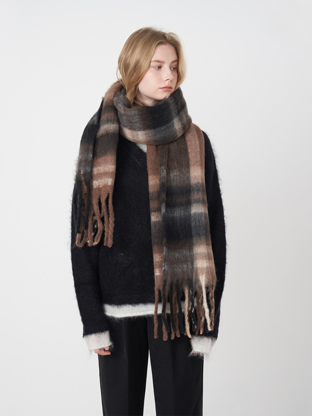 Fringe Plaid Polyester Scarf-SCARVES-[Adult]-[Female]-Brown-One Size-2022 Online Blue Zone Planet