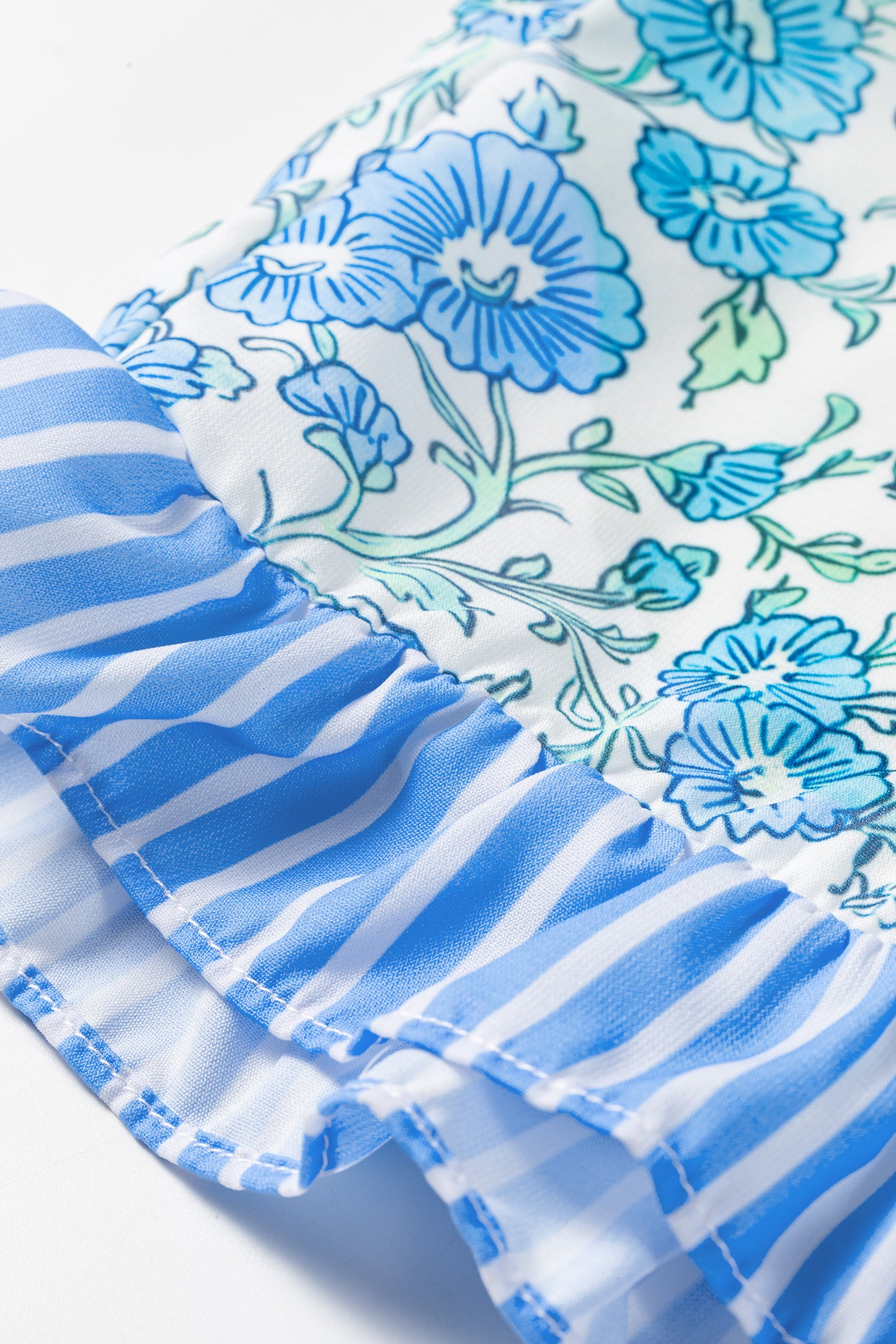 Sky Blue Summer Floral Striped Ruffle Hem Lace Tie Shorts-Bottoms/Casual Shorts-[Adult]-[Female]-2022 Online Blue Zone Planet