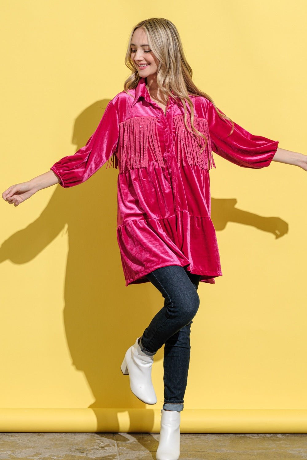 And The Why Fringe Detailed Velvet Shirt Dress-TOPS / DRESSES-[Adult]-[Female]-2022 Online Blue Zone Planet