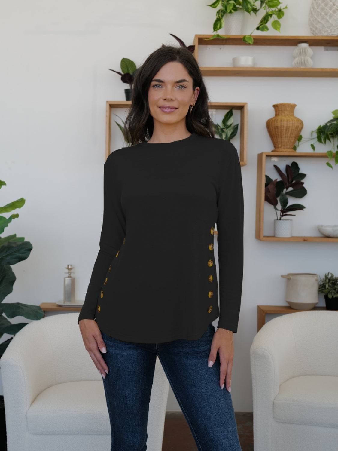 Round Neck Long Sleeve T-Shirt-TOPS / DRESSES-[Adult]-[Female]-Black-S-2022 Online Blue Zone Planet