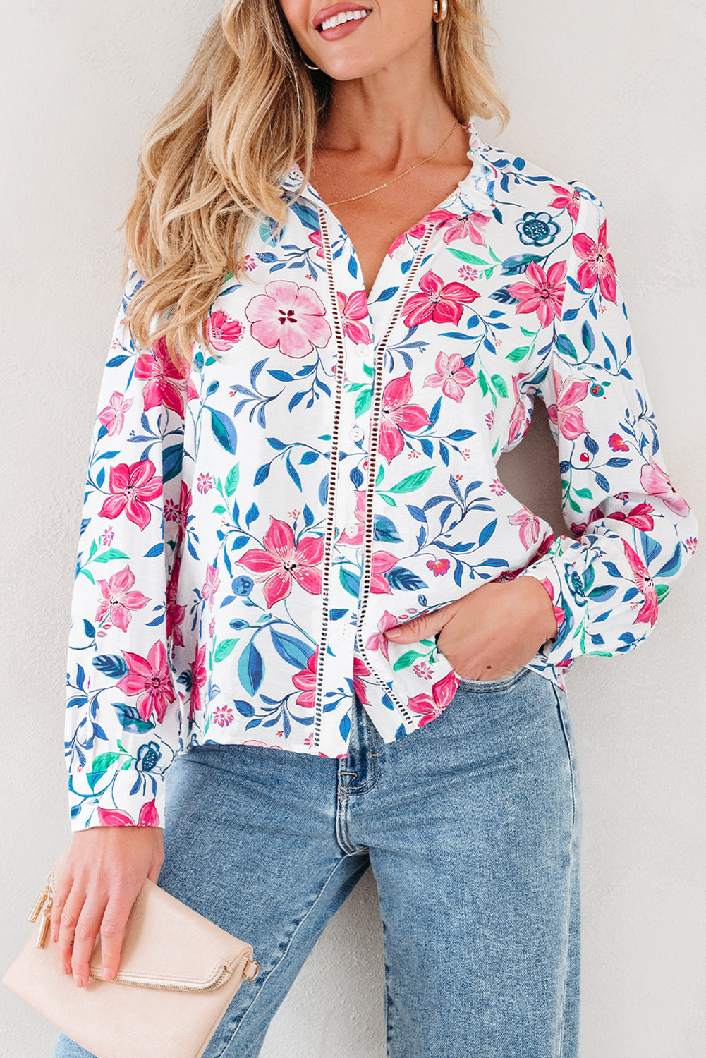 Pink Floral Print Lace Detail Button-Up Long Sleeve Shirt-Tops/Blouses & Shirts-[Adult]-[Female]-2022 Online Blue Zone Planet