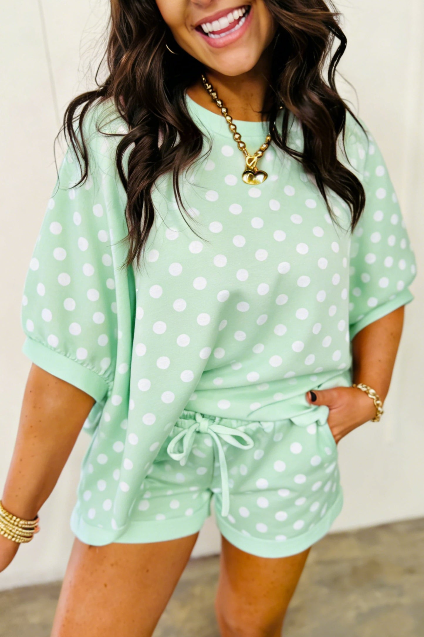 Sky Blue Polka Dot Oversized Top Drawstring Short Set-Two Piece Sets/Short Sets-[Adult]-[Female]-2022 Online Blue Zone Planet