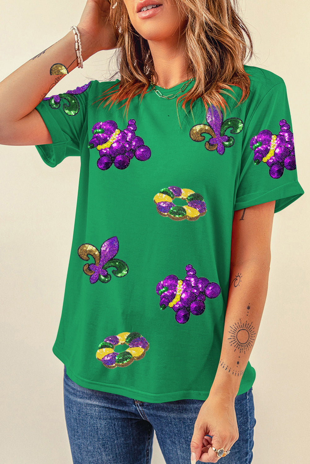 Bright Green Mardi Gras Sequin Patched Graphic Tee-Graphic/Graphic Tees-[Adult]-[Female]-2022 Online Blue Zone Planet