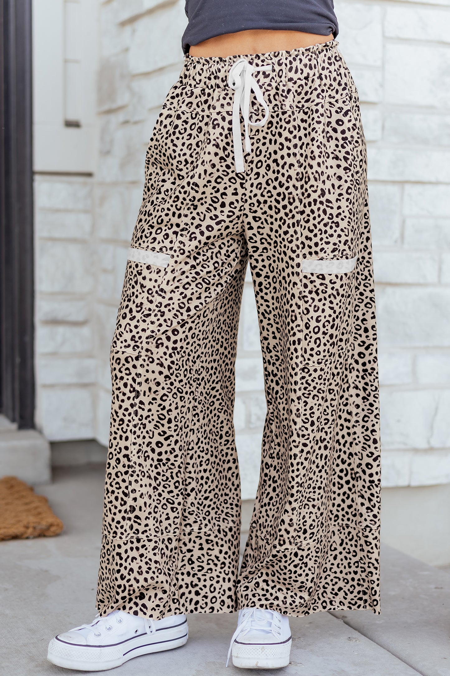 Khaki Animal Print Wide Leg Terry Knit Pants-Bottoms/Pants & Culotte-[Adult]-[Female]-2022 Online Blue Zone Planet