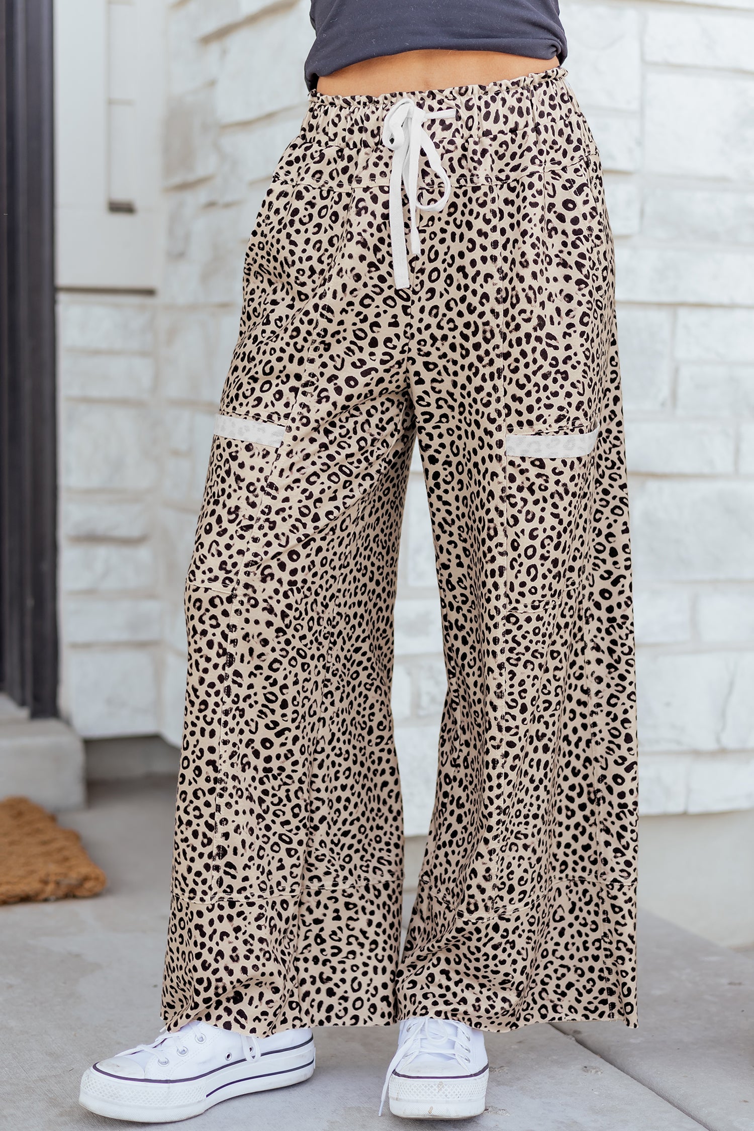 Khaki Animal Print Wide Leg Terry Knit Pants-Bottoms/Pants & Culotte-[Adult]-[Female]-2022 Online Blue Zone Planet