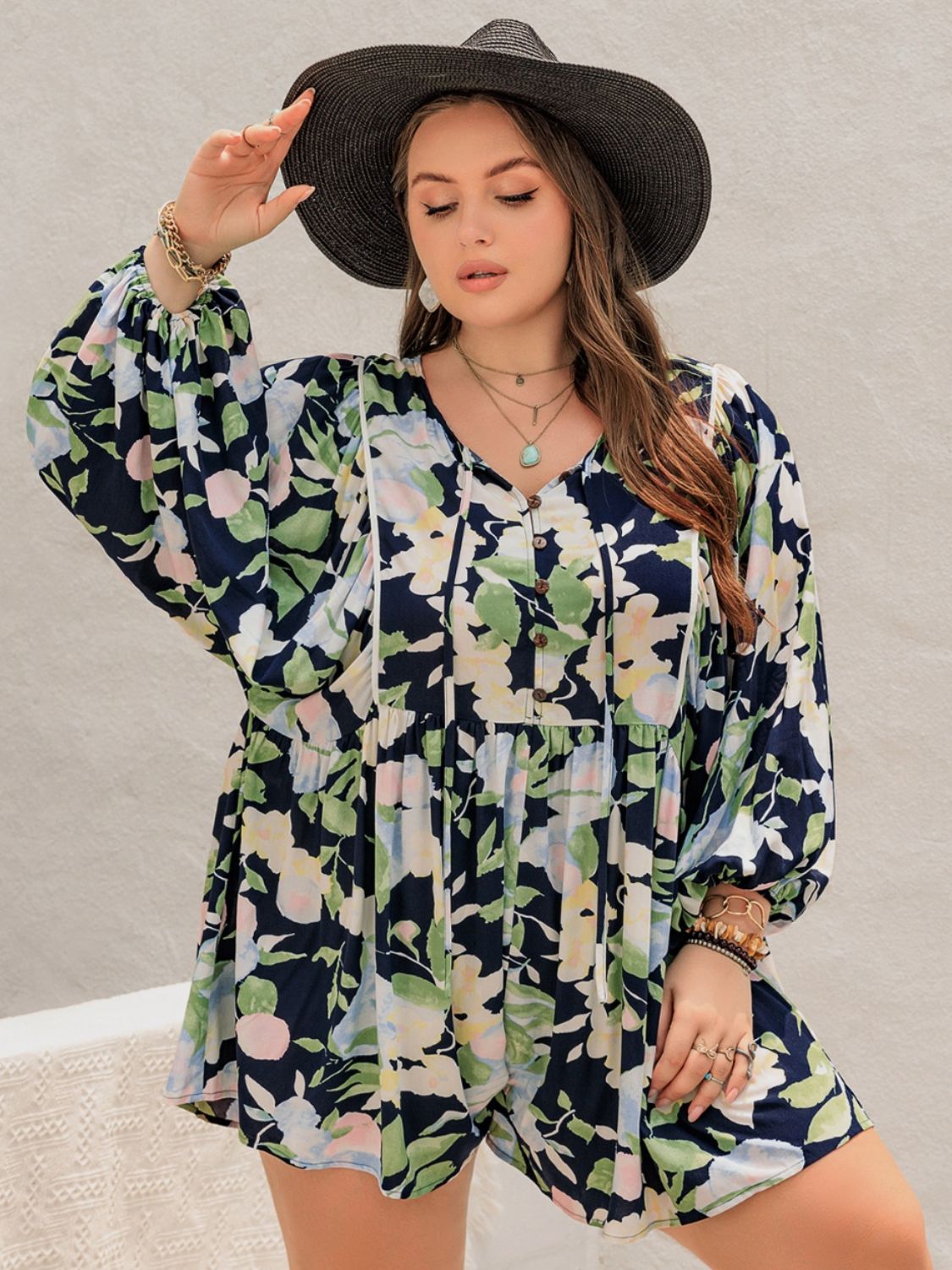 Blue Zone Planet | Plus Size Tied Printed Long Sleeve Romper-TOPS / DRESSES-[Adult]-[Female]-Pastel Blue-0XL-2022 Online Blue Zone Planet