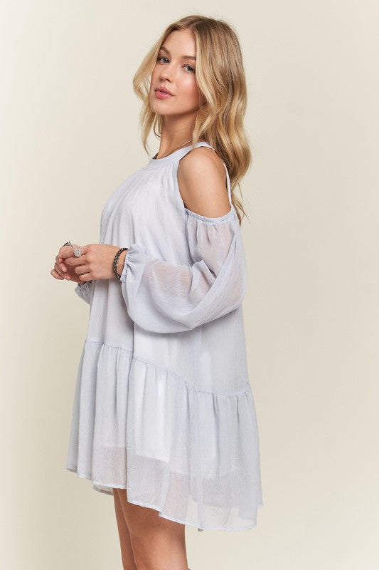 ADORA Cold Shoulder Balloon Sleeve Mini Dress-TOPS / DRESSES-[Adult]-[Female]-2022 Online Blue Zone Planet
