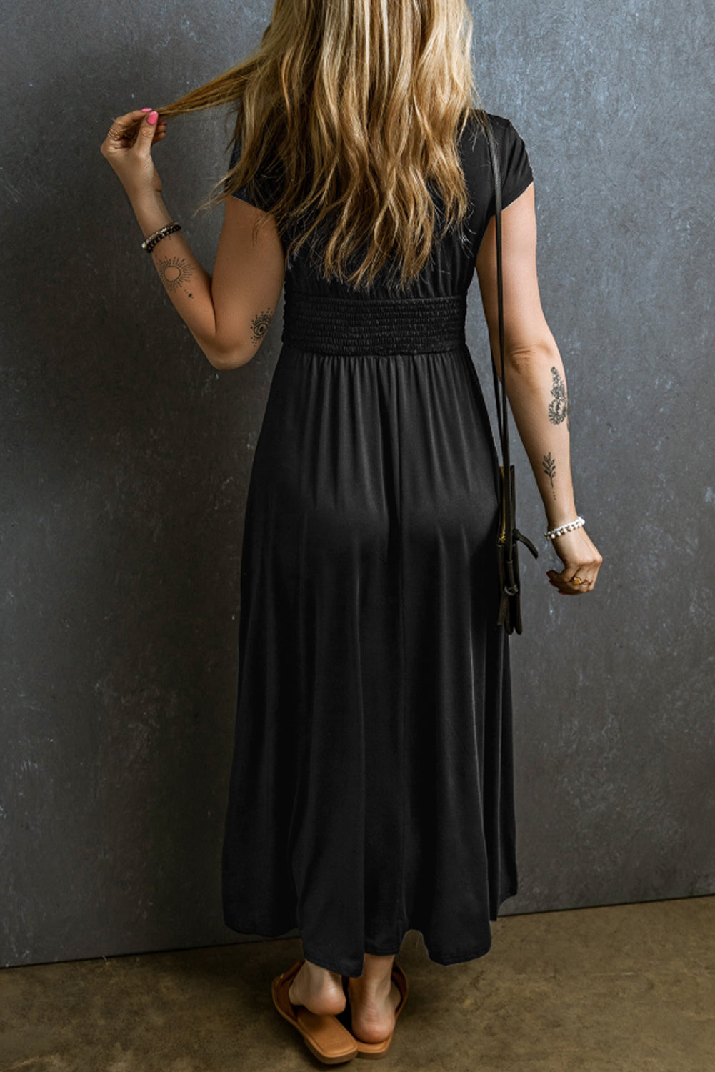 Blue Zone Planet | Black Short Sleeve Shirred High Waist V Neck Maxi Dress-TOPS / DRESSES-[Adult]-[Female]-2022 Online Blue Zone Planet