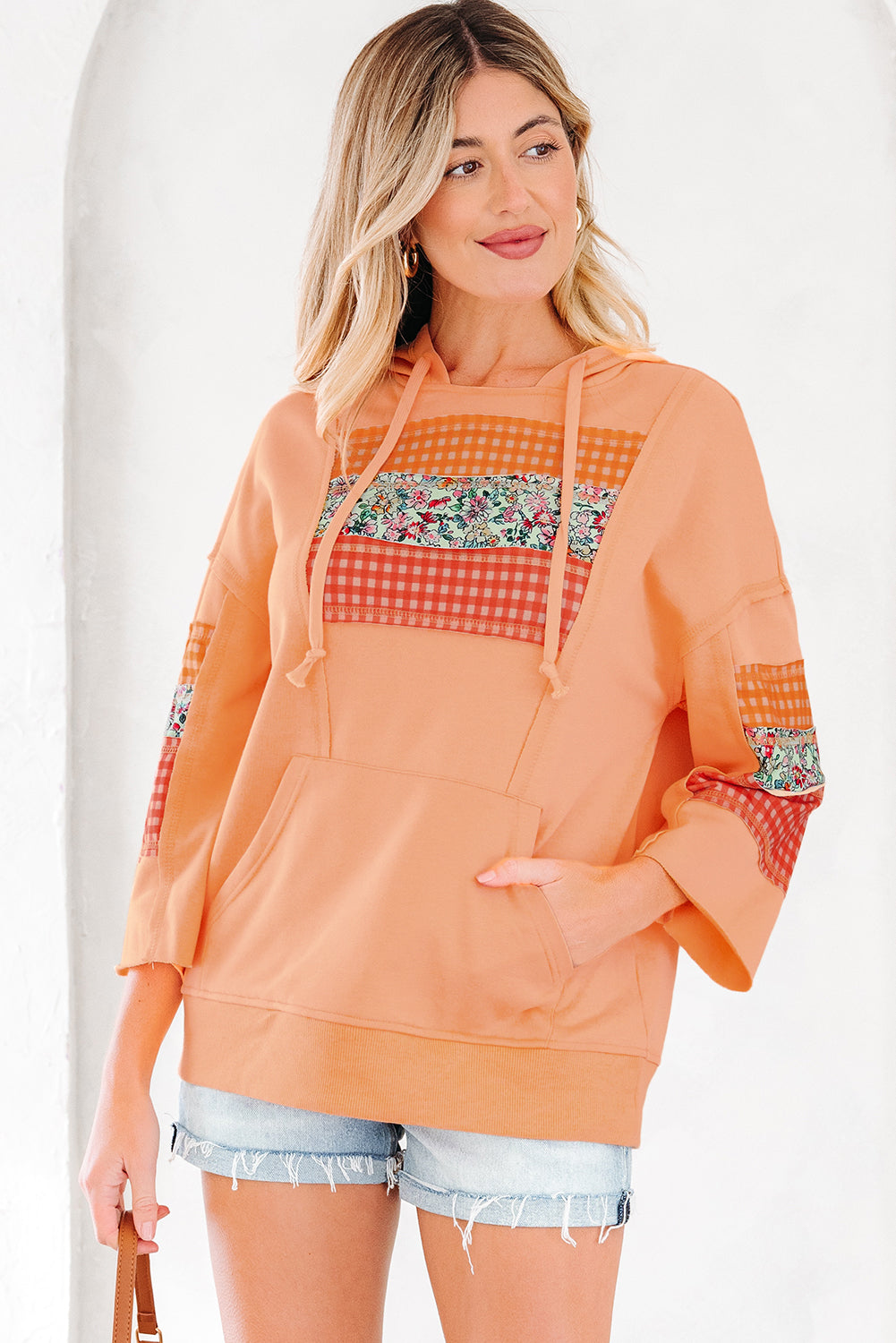 Grapefruit Orange Plaid Floral Patchwork Kangaroo Pocket Hooded Long Sleeve Top-Tops / Dresses-[Adult]-[Female]-2022 Online Blue Zone Planet