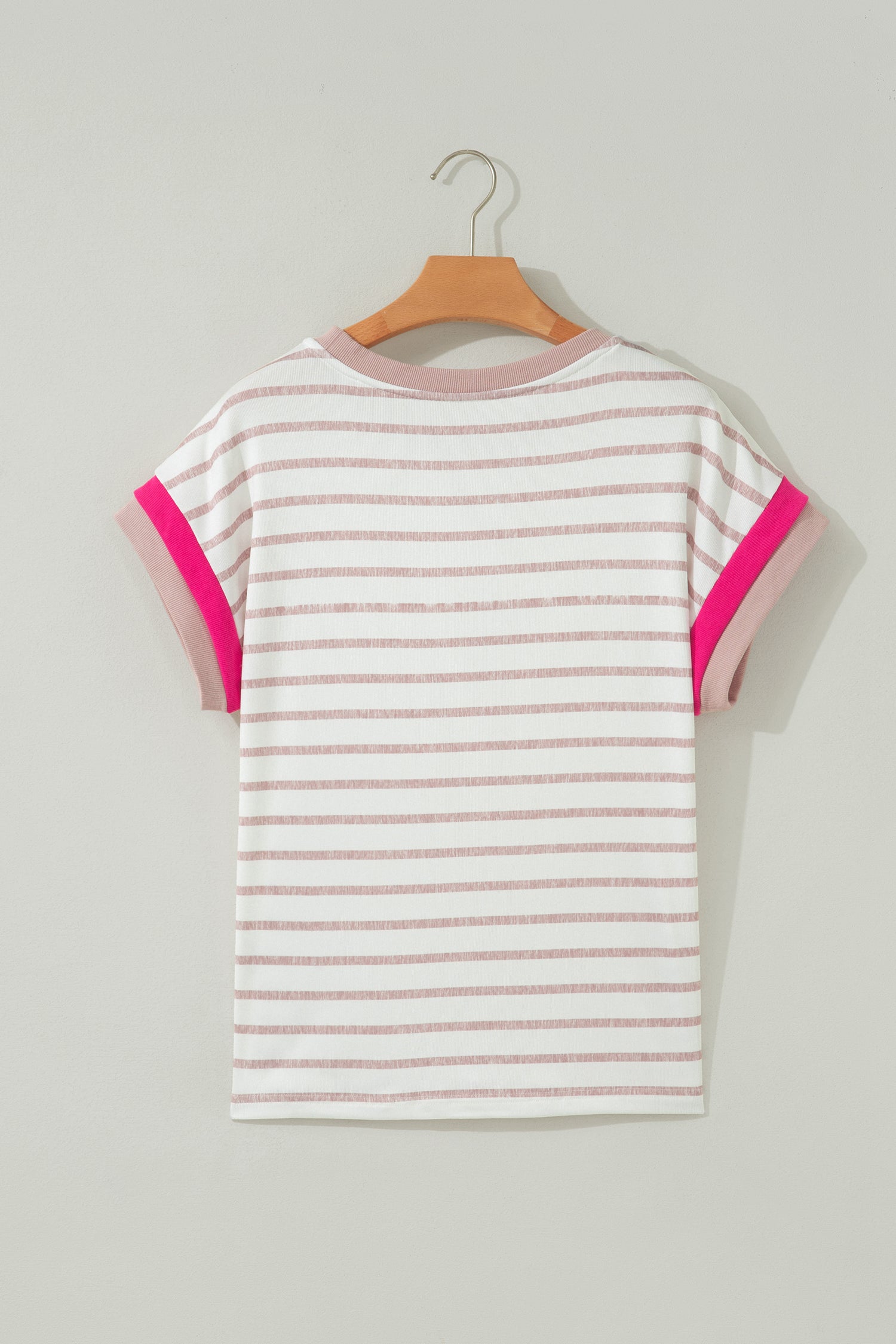 Khaki Stripe Color Block Trim Round Neck Short Sleeve Top-Tops/Tops & Tees-[Adult]-[Female]-2022 Online Blue Zone Planet