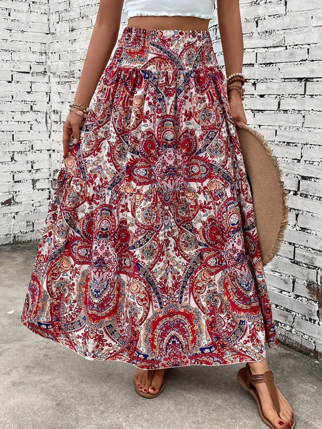 Printed Elastic Waist Maxi Skirt-BOTTOMS SIZES SMALL MEDIUM LARGE-[Adult]-[Female]-Deep Red-S-2022 Online Blue Zone Planet