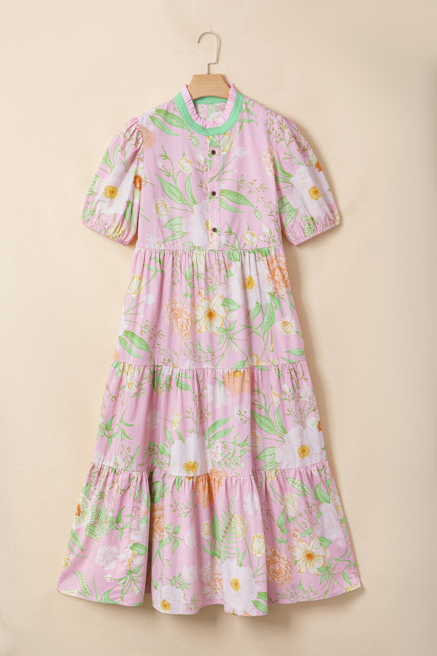 Pink Floral Print Short Puff Sleeve High Waist Tiered Maxi Dress-Dresses/Floral Dresses-[Adult]-[Female]-2022 Online Blue Zone Planet