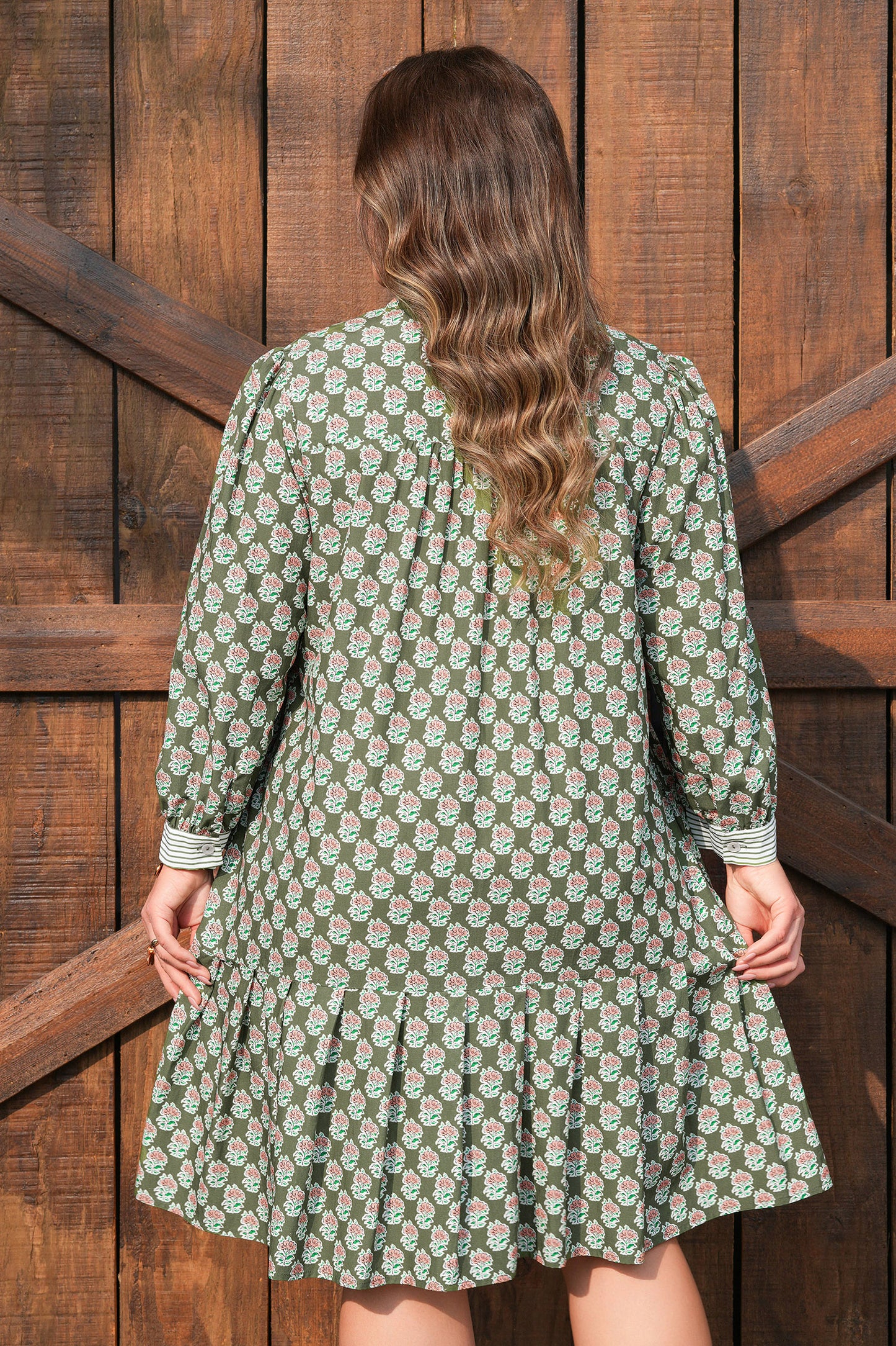 Green Contrast Striped Frilled Collar 3/4 Sleeve Plus Size Floral Dress-TOPS / DRESSES-[Adult]-[Female]-2022 Online Blue Zone Planet