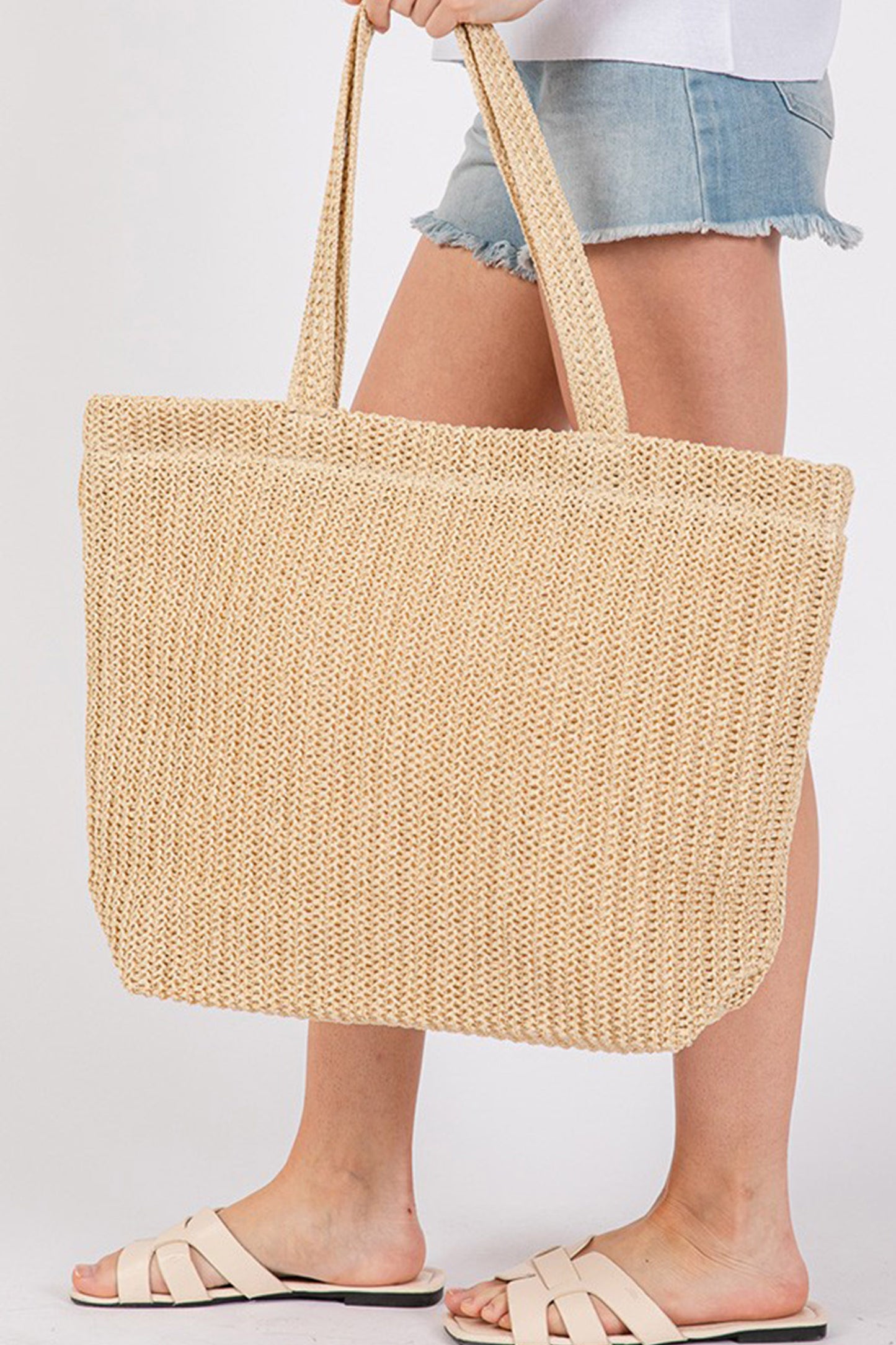 Parchment Solid Color Straw Woven Summer Beach Tote Bag
