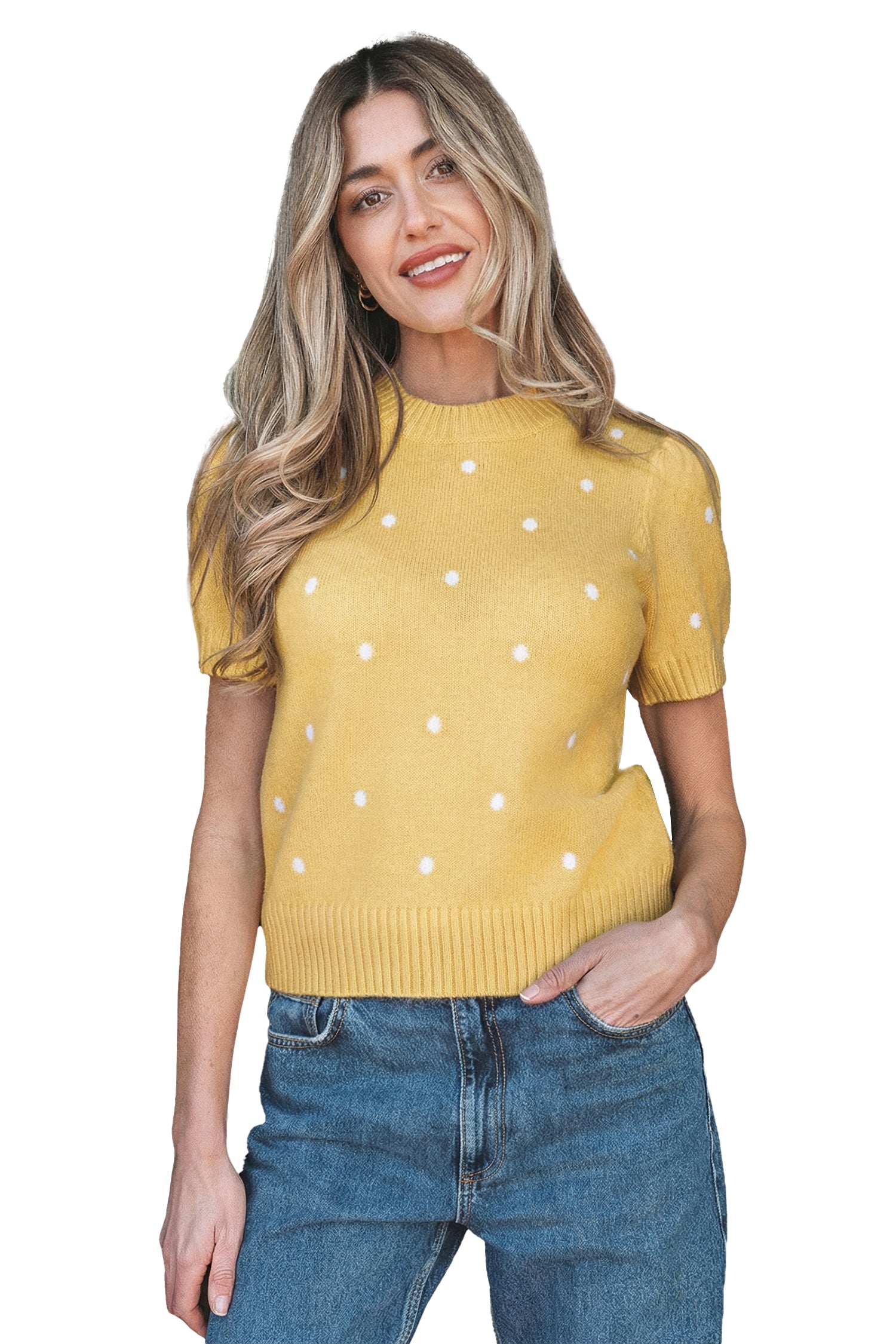 Yellow Cream Elegant Polka Dot Bubble Short Sleeve Sweater-TOPS / DRESSES-[Adult]-[Female]-2022 Online Blue Zone Planet
