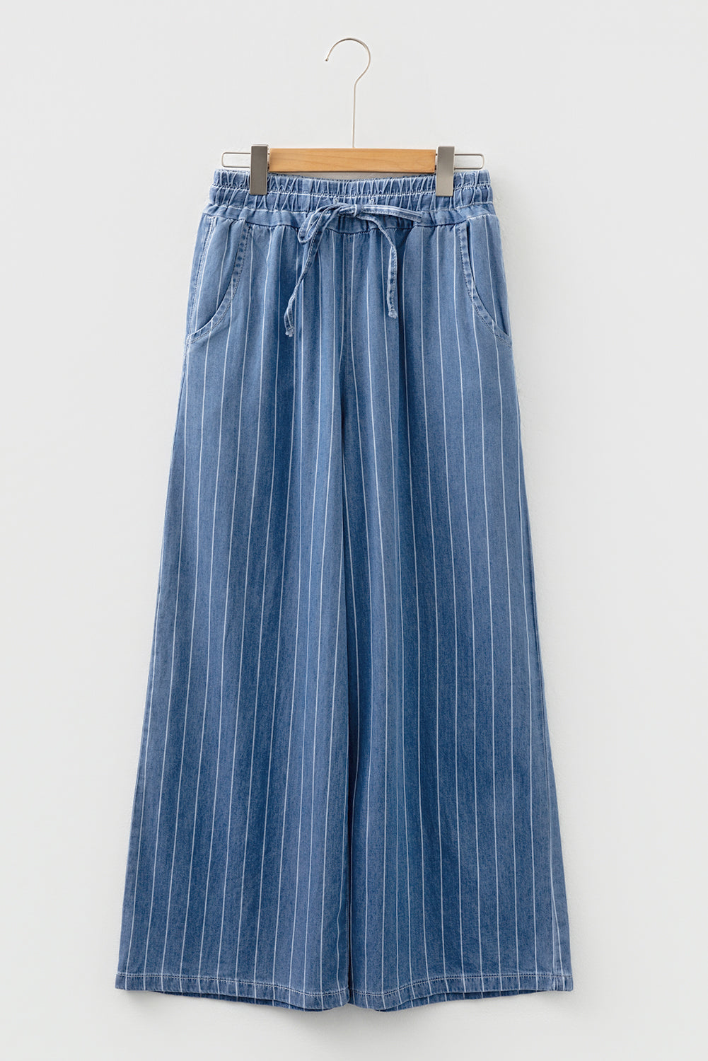 Blue Stripe Chambray Wide Leg Tied Elastic Waist Trousers-Bottoms/Pants & Culotte-[Adult]-[Female]-2022 Online Blue Zone Planet