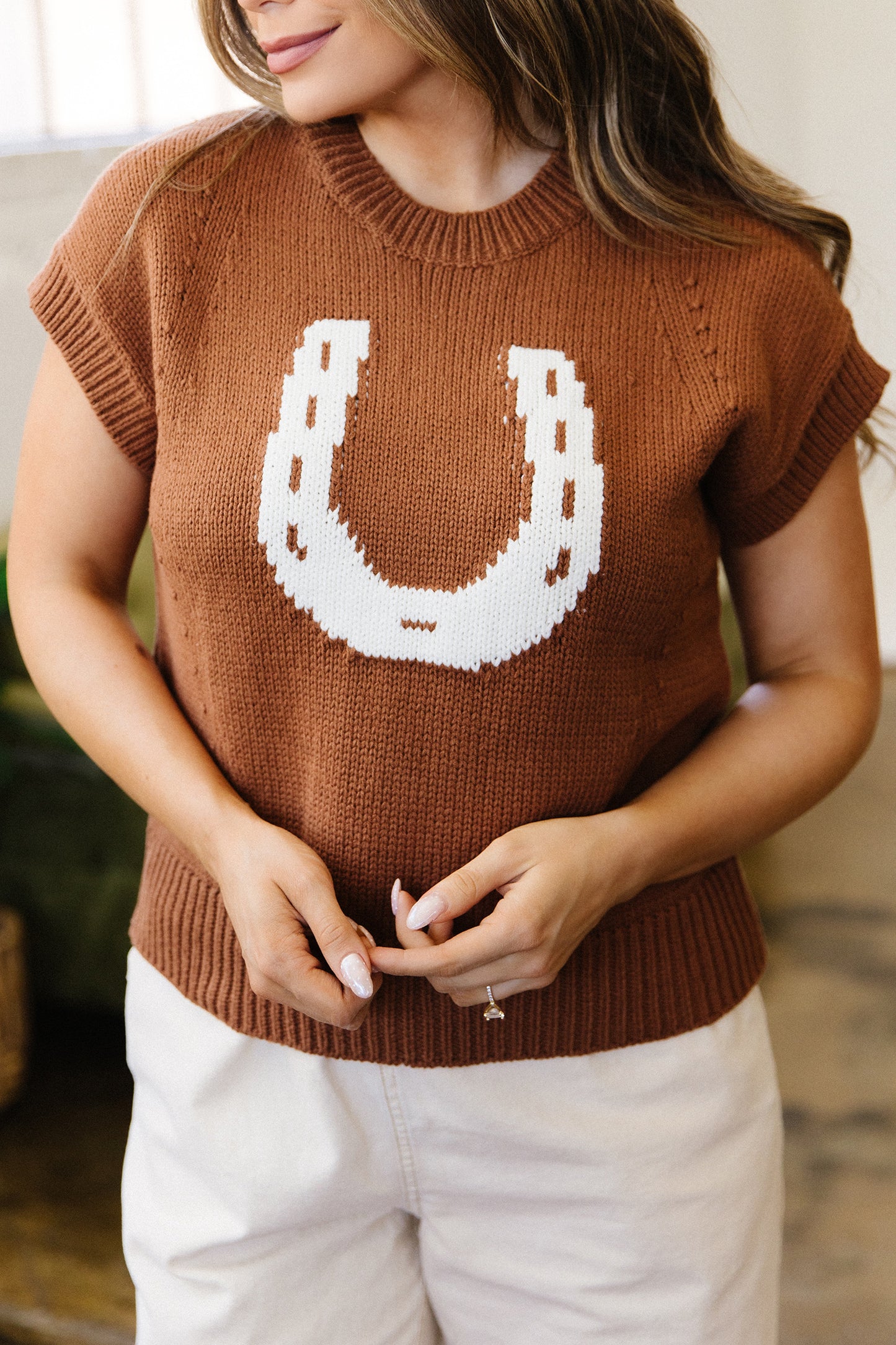 Chestnut Western Horseshoe Pattern Short Sleeve Knit Sweater-TOPS / DRESSES-[Adult]-[Female]-2022 Online Blue Zone Planet