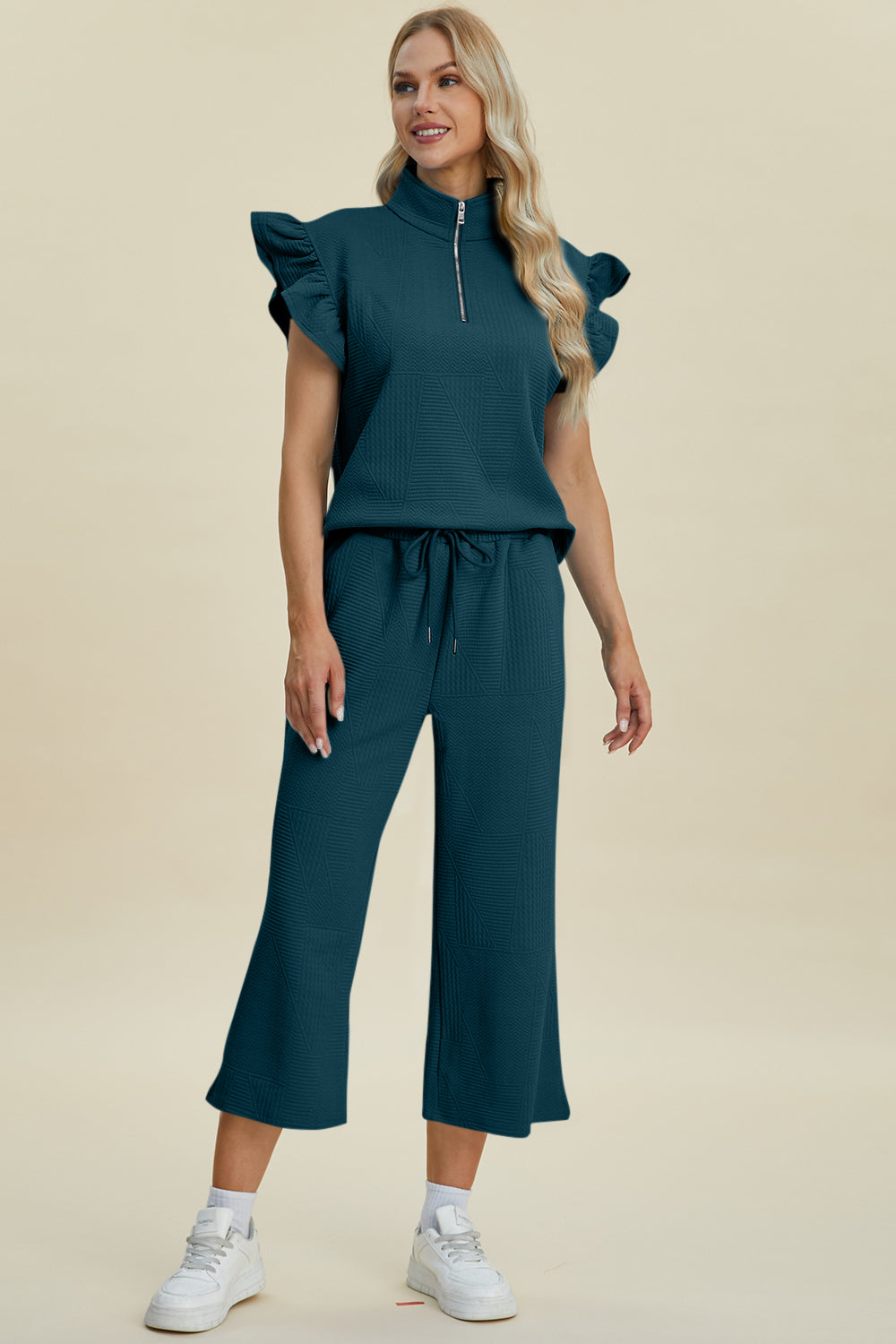 Double Take Full Size Texture Ruffle Short Sleeve Top and Wide Leg Pants Set-TOPS / DRESSES-[Adult]-[Female]-2022 Online Blue Zone Planet