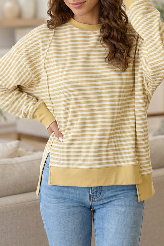 Khaki Stripe Textured Knit Color Block Trim Split Hem Long Sleeve Top-Tops/Long Sleeve Tops-[Adult]-[Female]-Khaki Stripe-S-2022 Online Blue Zone Planet