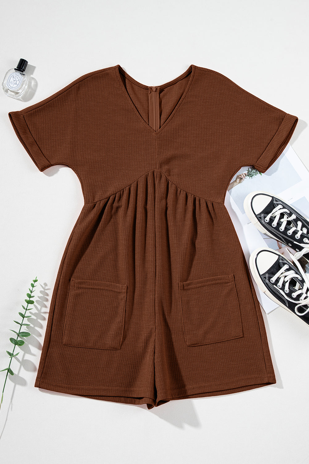 Coffee Solid Color Knit V Neck Zipped Loose Romper-Bottoms/Jumpsuits & Rompers-[Adult]-[Female]-2022 Online Blue Zone Planet