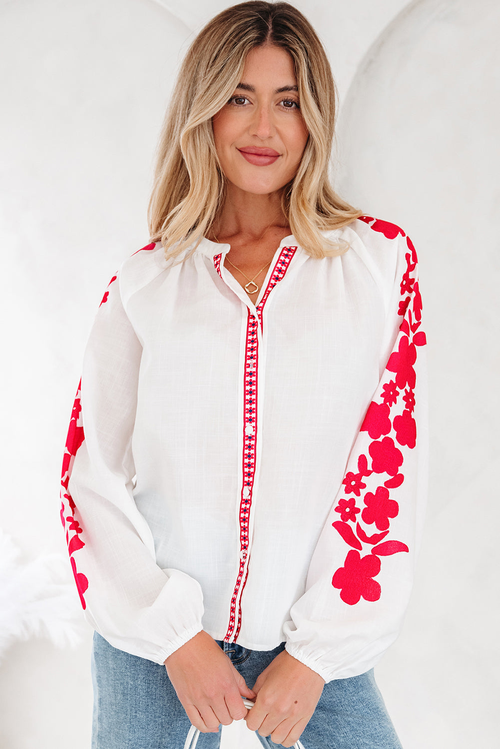 White Floral Embroidered Puff Long Sleeve Casual Shirt-Tops/Blouses & Shirts-[Adult]-[Female]-2022 Online Blue Zone Planet