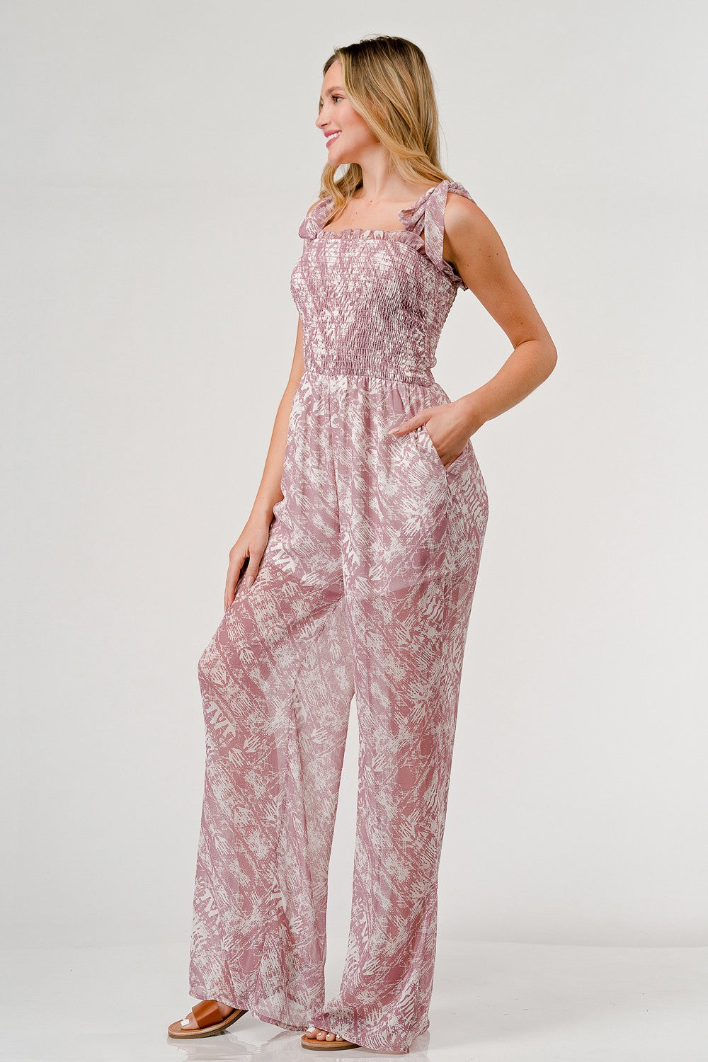 GeeGee Printed Tie Shoulder Wide Leg Jumpsuit-TOPS / DRESSES-[Adult]-[Female]-2022 Online Blue Zone Planet