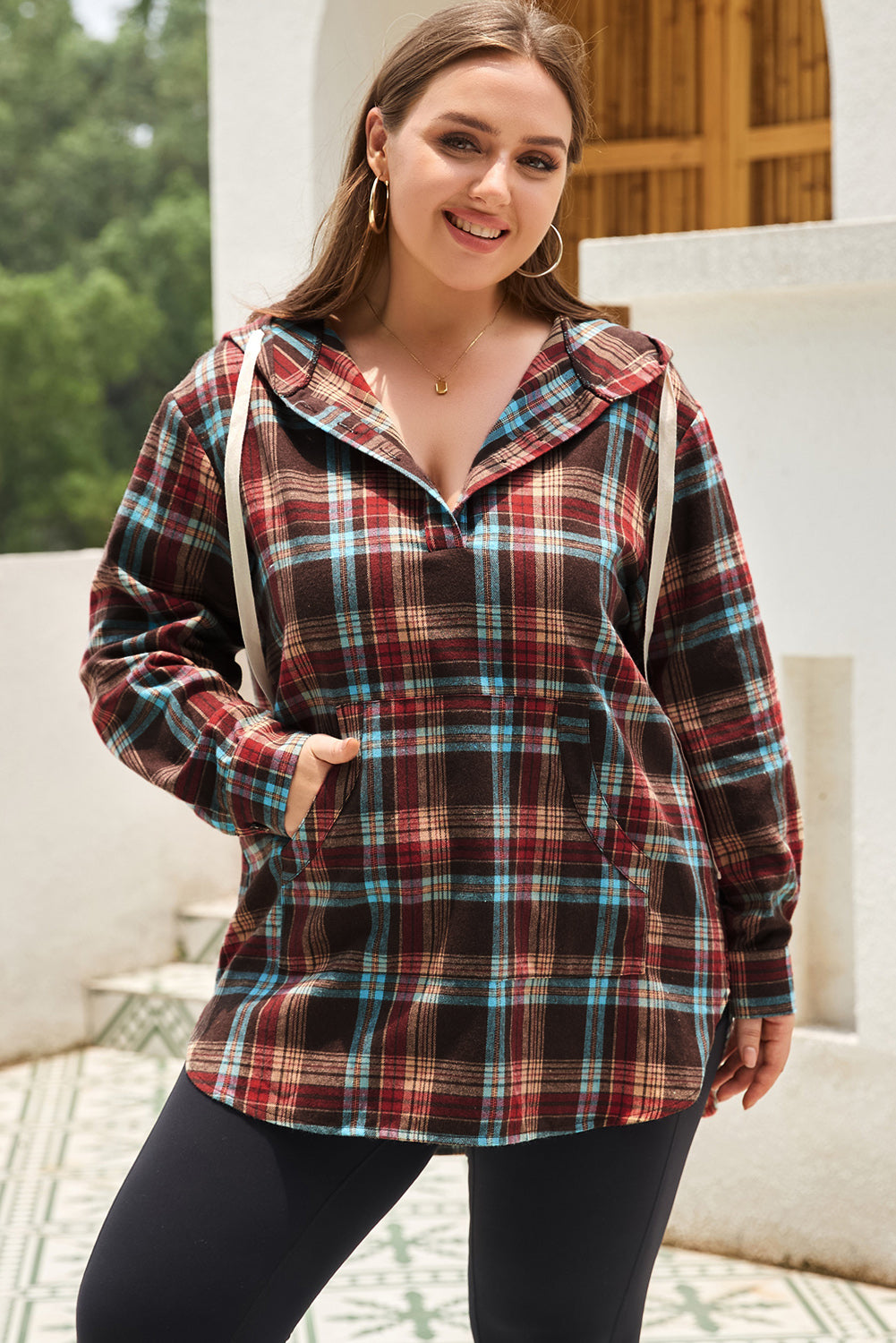 Plus Size Drawstring Plaid Quarter Button Hoodie-TOPS / DRESSES-[Adult]-[Female]-2022 Online Blue Zone Planet