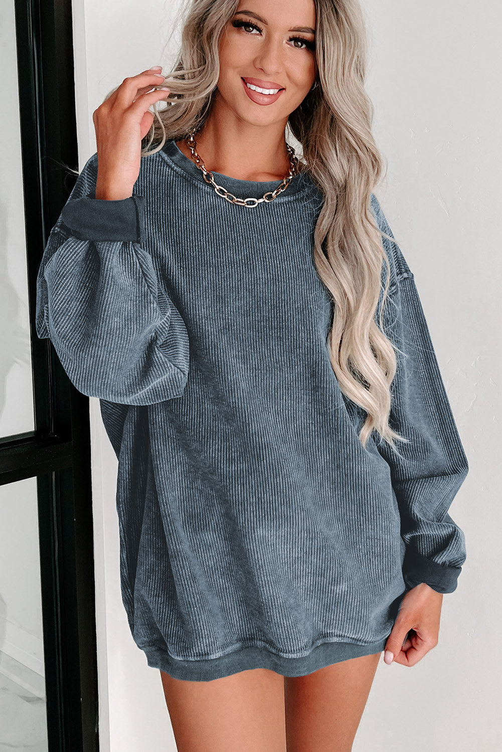 Khaki Solid Ribbed Knit Round Neck Pullover Sweatshirt-Tops/Sweatshirts & Hoodies-[Adult]-[Female]-2022 Online Blue Zone Planet