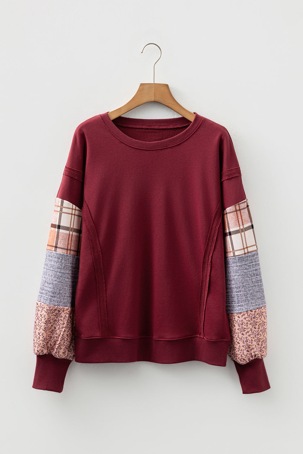 Red Sandalwood Plaid Colorblock Patchwork Sleeve Raw Seam Sweatshirt-Tops/Sweatshirts & Hoodies-[Adult]-[Female]-Red Sandalwood-S-2022 Online Blue Zone Planet