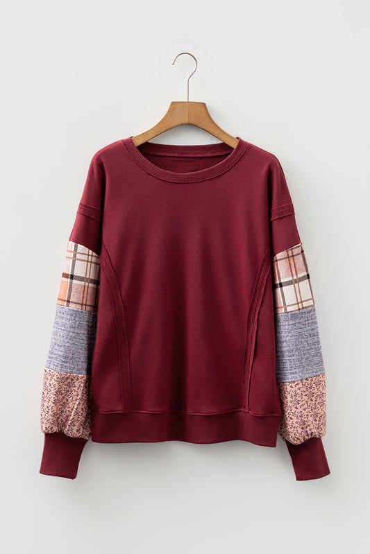 Red Sandalwood Plaid Colorblock Patchwork Sleeve Raw Seam Sweatshirt-Tops/Sweatshirts & Hoodies-[Adult]-[Female]-Red Sandalwood-S-2022 Online Blue Zone Planet
