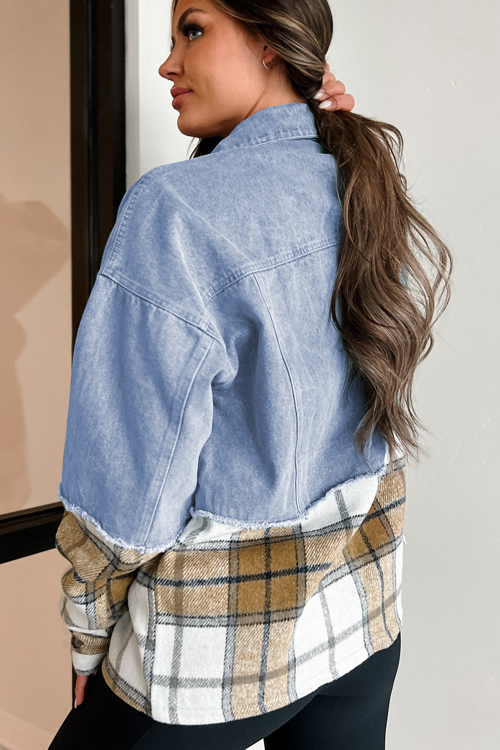 Blue Zone Planet | Khaki Plaid Patchwork Buttoned Oversized Denim Jacket-Outerwear/Denim jackets-[Adult]-[Female]-2022 Online Blue Zone Planet