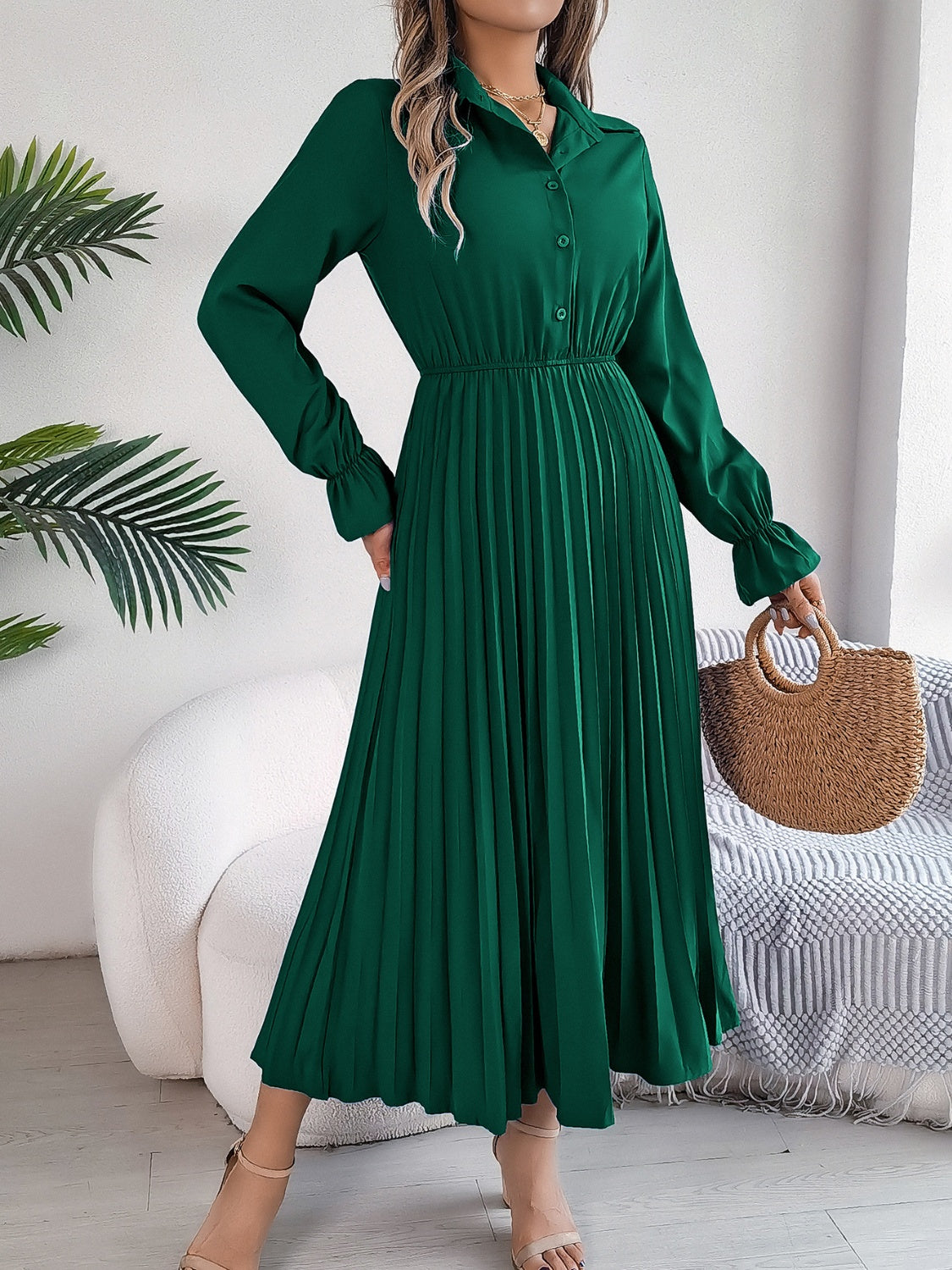 Blue Zone Planet | Pleated Half Button Long Sleeve Midi Dress-TOPS / DRESSES-[Adult]-[Female]-Dark Green-S-2022 Online Blue Zone Planet