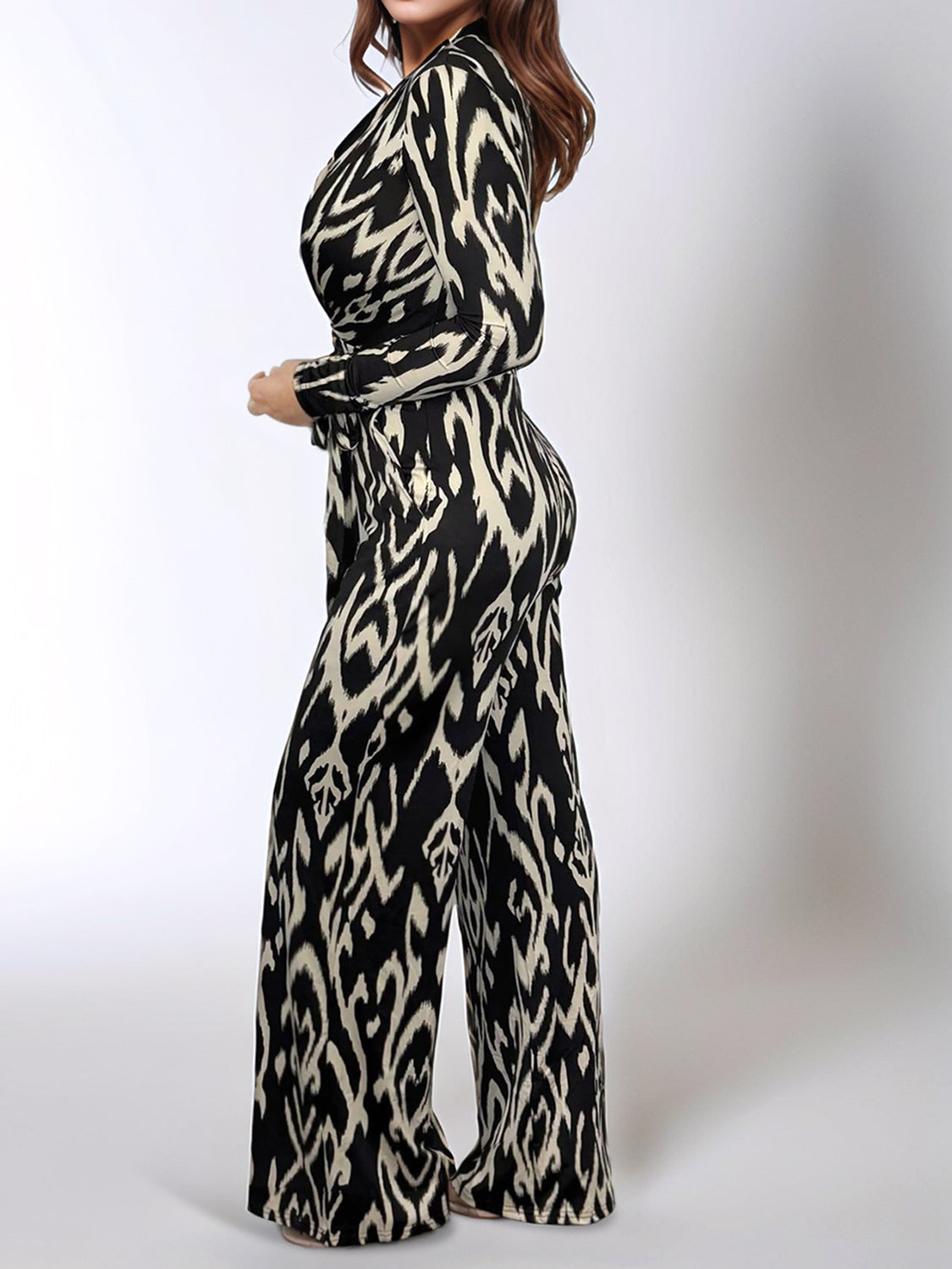 Full Size Leopard Tie Waist Long Sleeve Jumpsuit Plus Size-TOPS / DRESSES-[Adult]-[Female]-2022 Online Blue Zone Planet