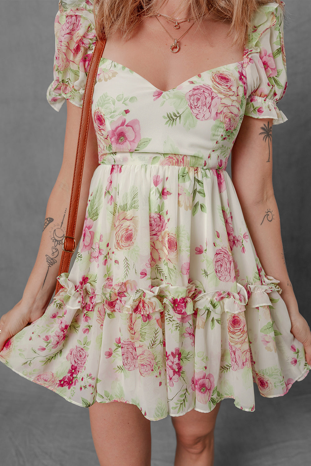 White Vibrant Floral Bubble Sleeve Sweetheart Neck Ruffle Mini Dress-TOPS / DRESSES-[Adult]-[Female]-2022 Online Blue Zone Planet