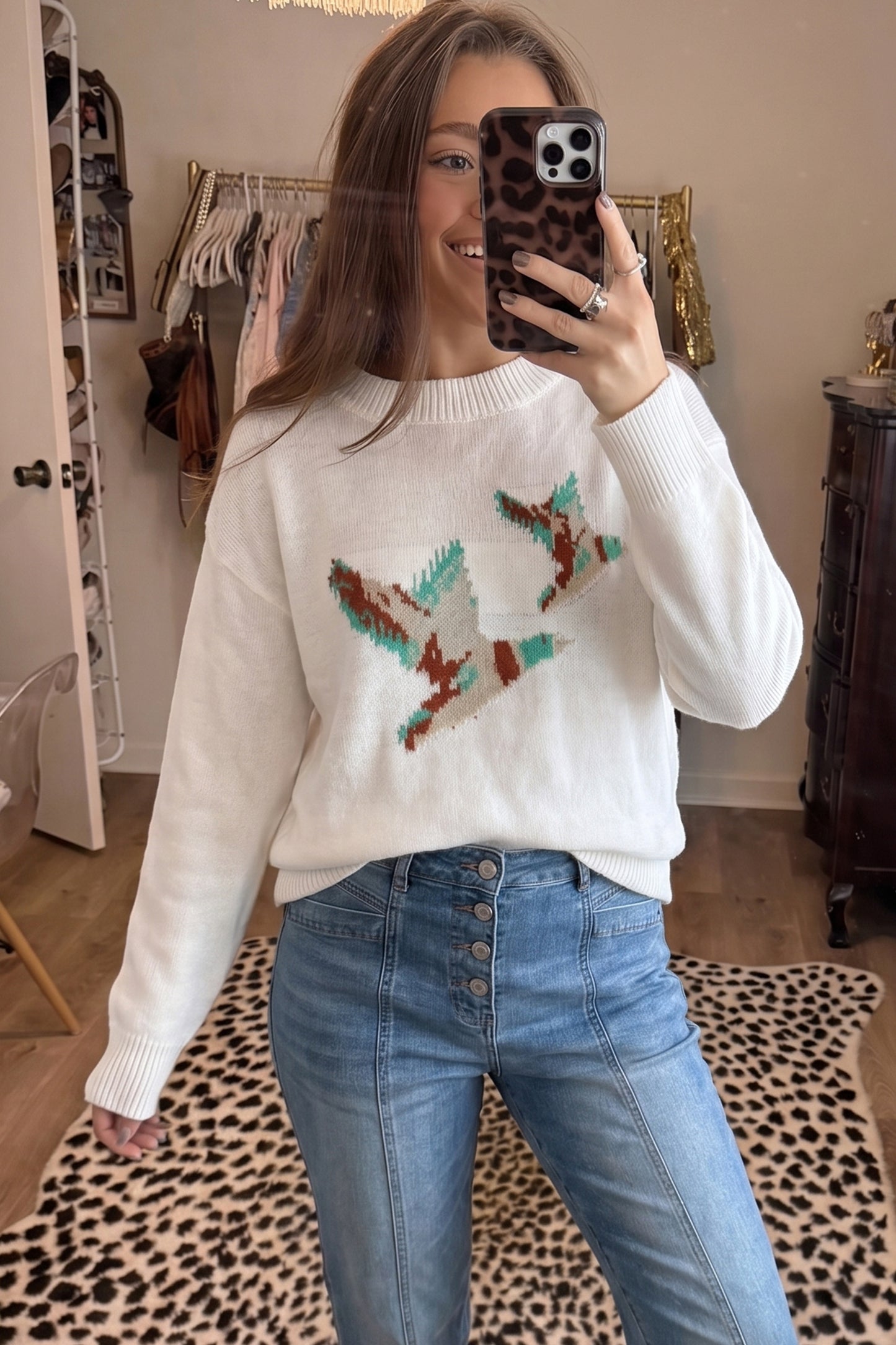 White Retro Flying Mallard Pattern Drop Shoulder Pullover Sweater-Sweaters & Cardigans/Sweaters-[Adult]-[Female]-2022 Online Blue Zone Planet