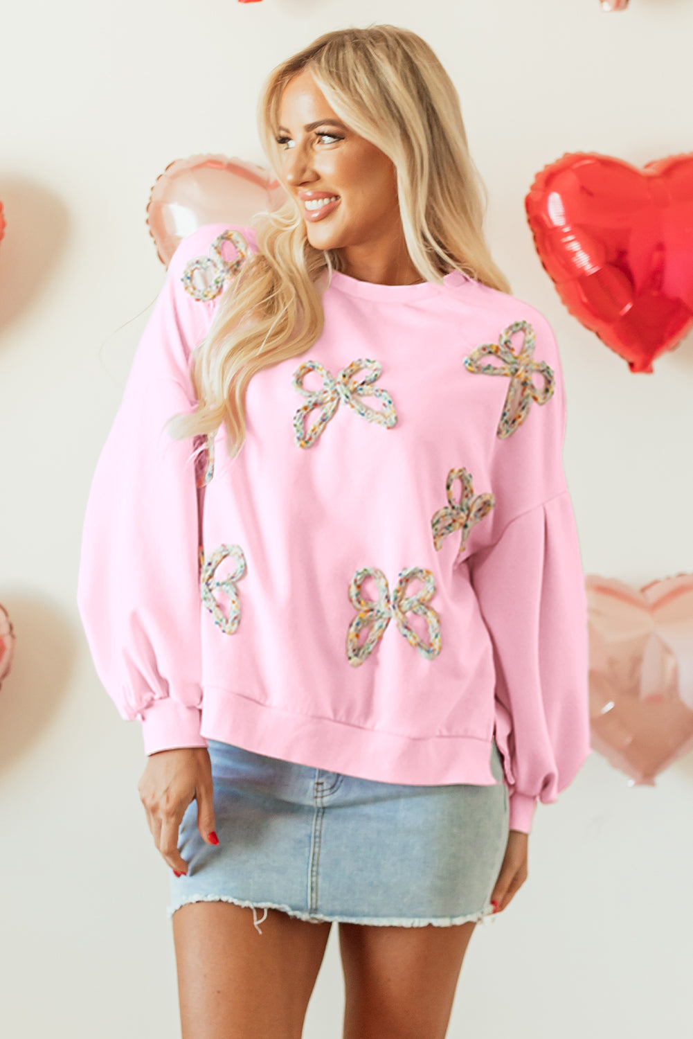 Blue Zone Planet | Light Pink Embroidered Bow Lantern Sleeve Oversized Pullover Sweatshirt-Tops/Sweatshirts & Hoodies-[Adult]-[Female]-2022 Online Blue Zone Planet