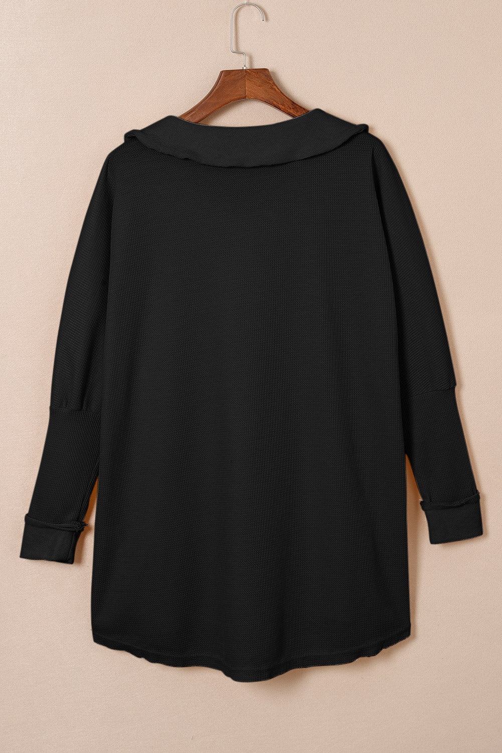 Black Waffle Knit Buttoned Long Sleeve Top-Tops/Long Sleeve Tops-[Adult]-[Female]-2022 Online Blue Zone Planet
