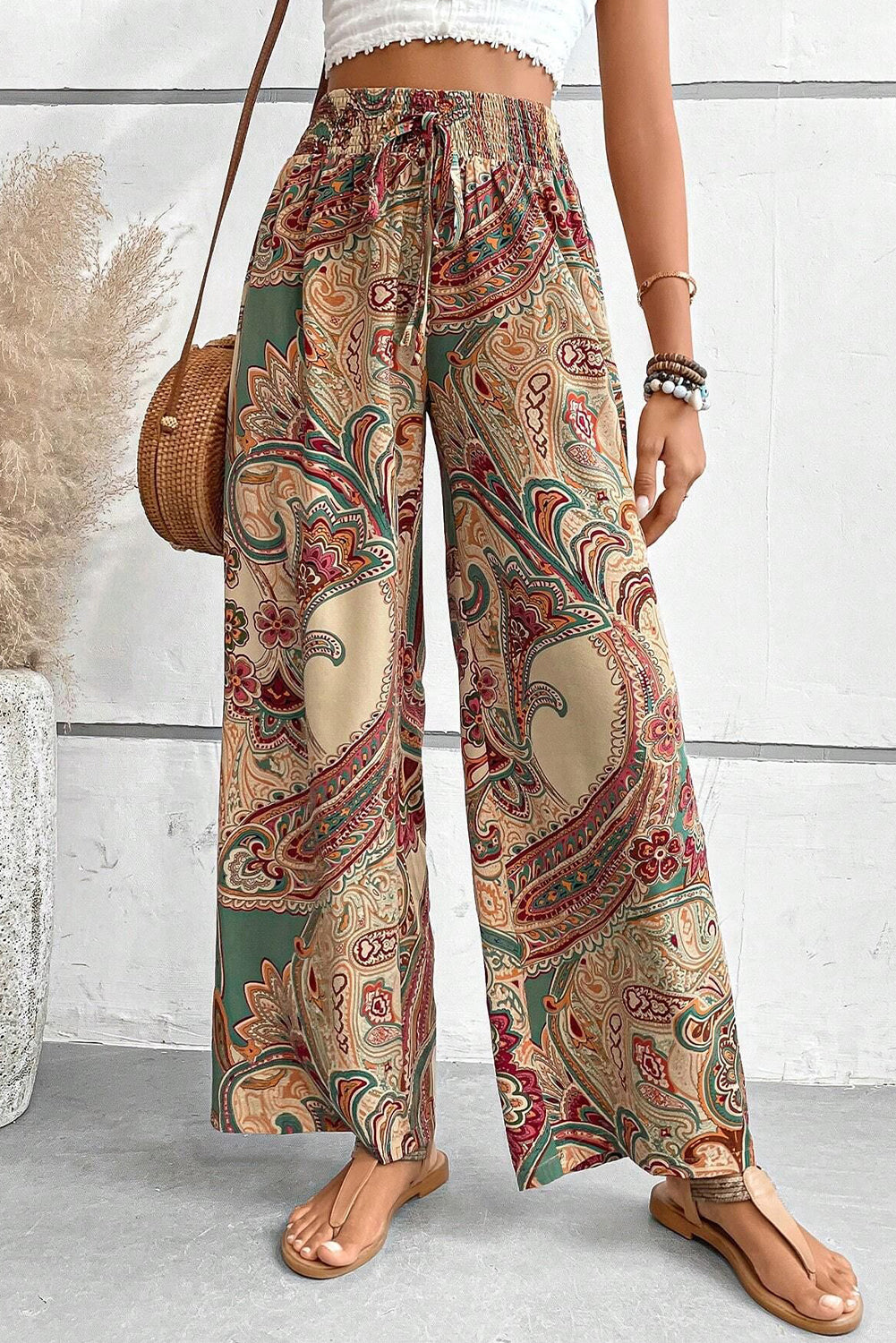 Khaki Paisley Print Boho Elastic Waist Wide Leg Pants-Bottoms/Pants & Culotte-[Adult]-[Female]-Khaki-S-2022 Online Blue Zone Planet