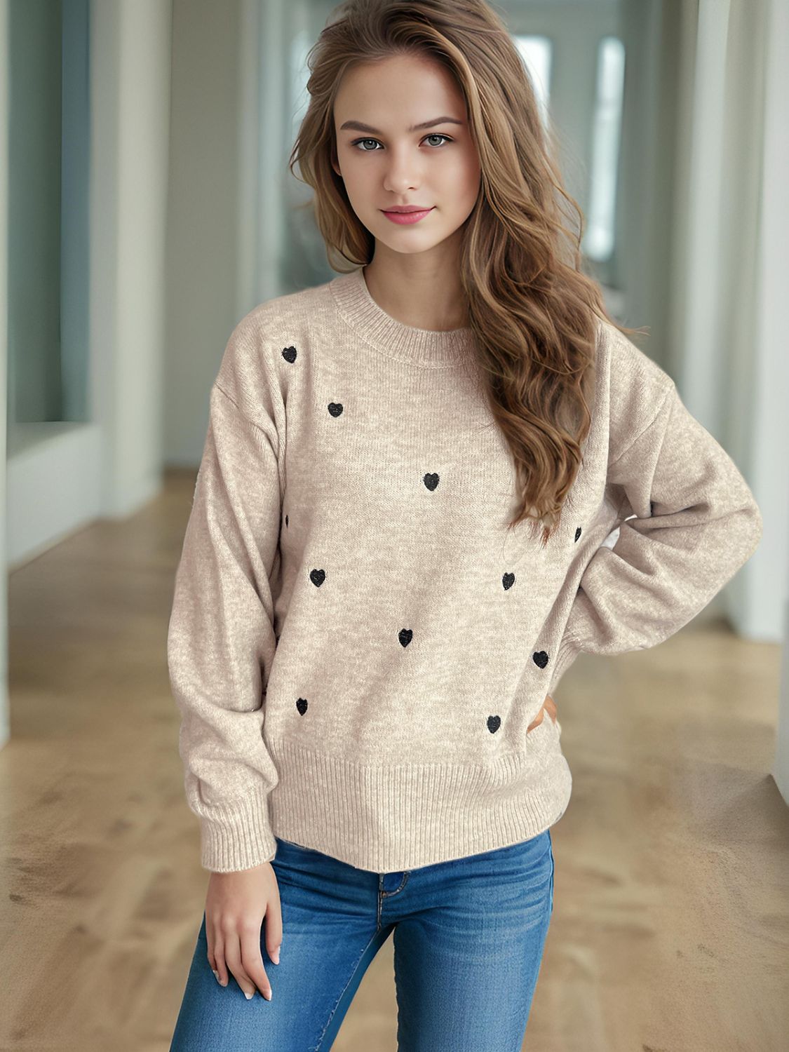 Heart Round Neck Long Sleeve Sweater-TOPS / DRESSES-[Adult]-[Female]-Dust Storm-One Size-2022 Online Blue Zone Planet